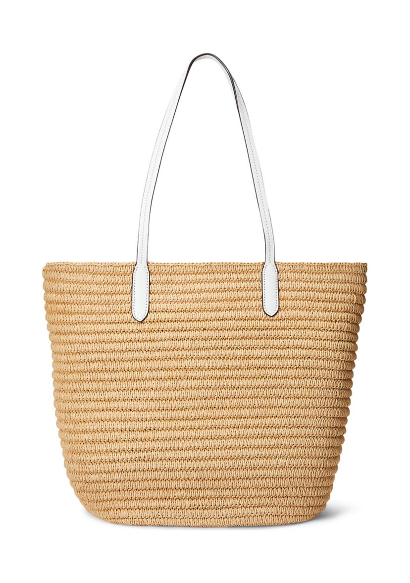 Leather-Trim Straw Large Brie Tote Bag
