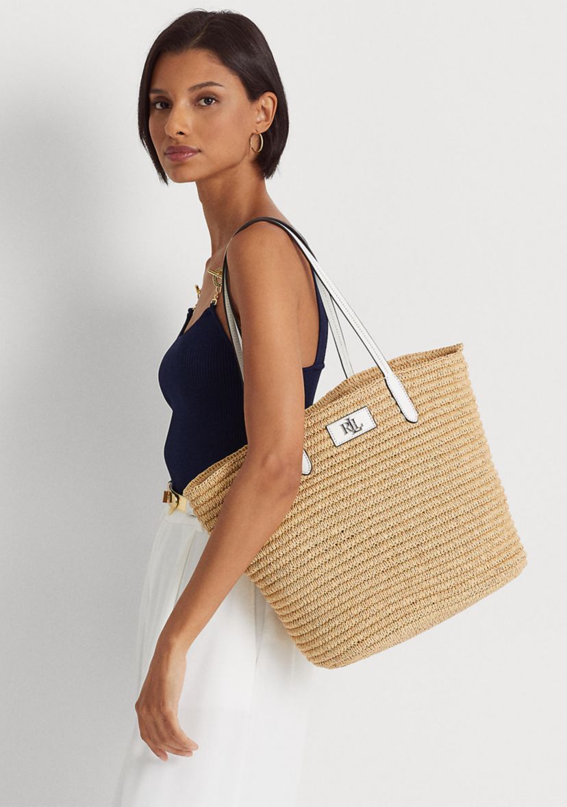 Leather-Trim Straw Large Brie Tote Bag