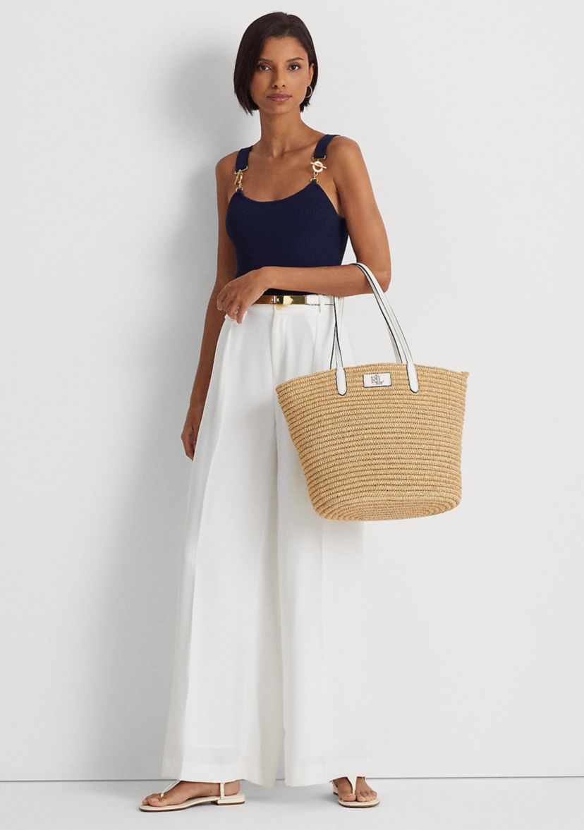 Leather-Trim Straw Large Brie Tote Bag