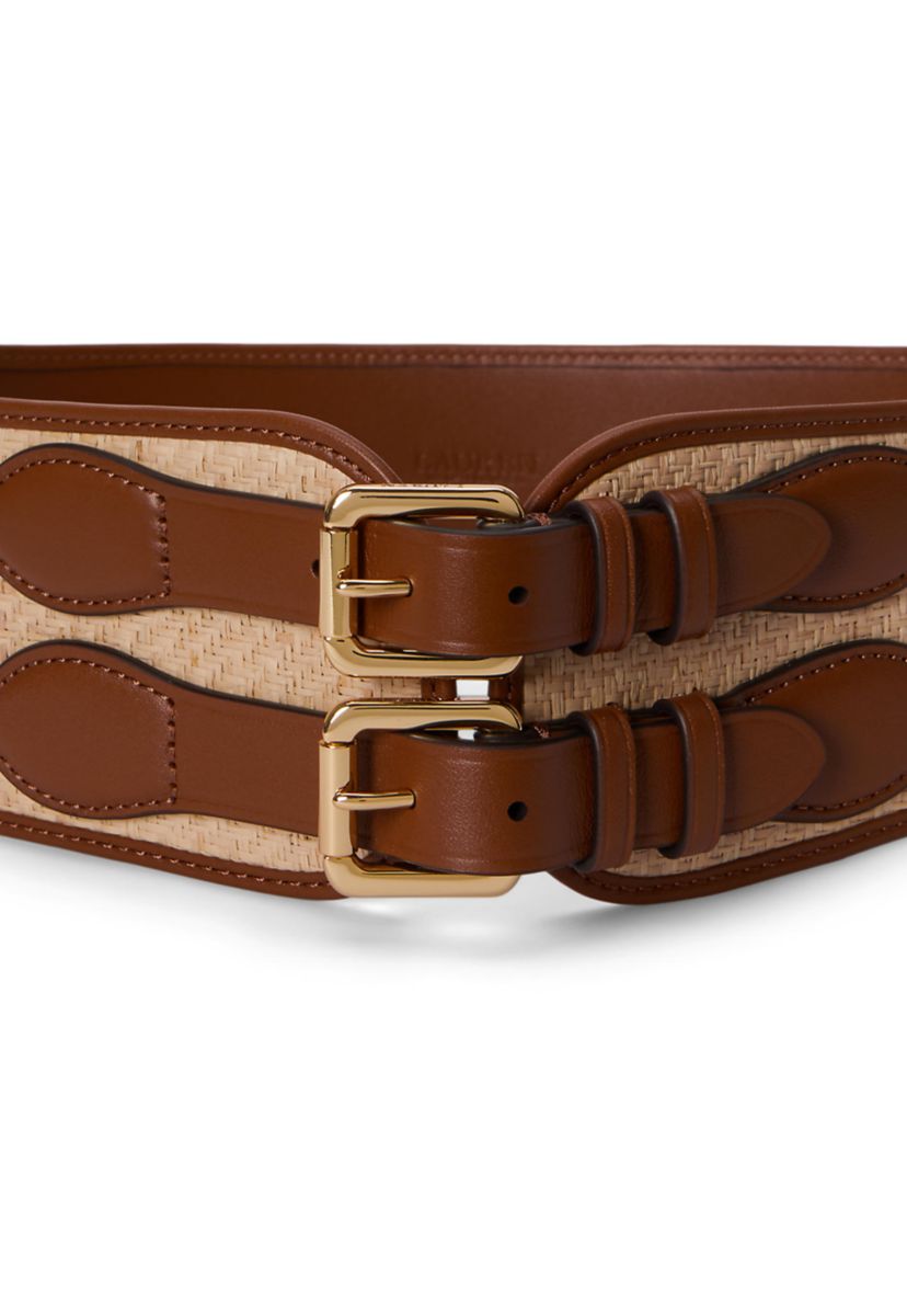 Polo Ralph Lauren wide waist belt cognac raffia M Ralph Lauren Textured Raffia And Leather Double-buckle Wide  main image 3