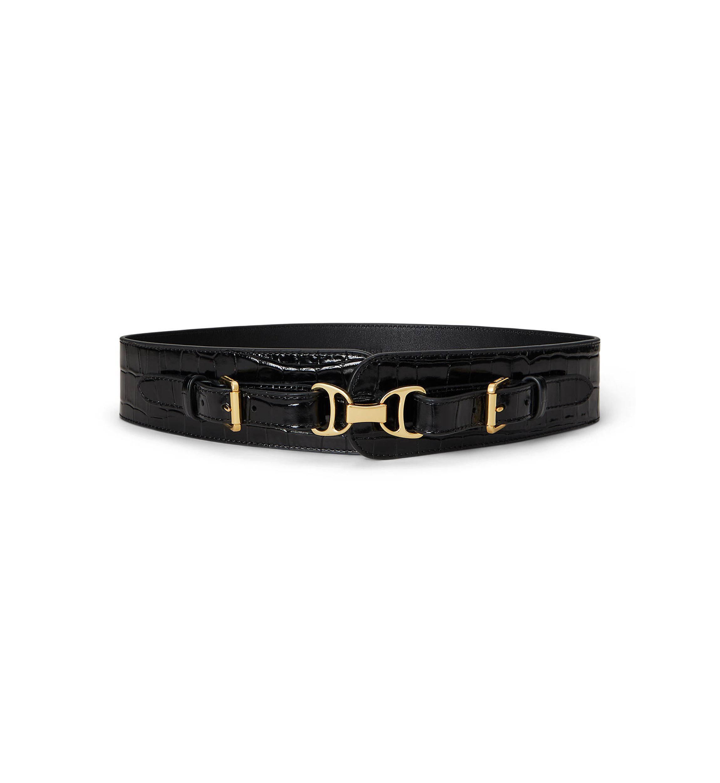 LAUREN RALPH LAUREN WIDE CROC EMBOSSED LEATHER WIDE BELT WOMEN LARGE BLACK Lauren Ralph Lauren 1.75#double; Chain Padlock Croc-Embossed  main image 3