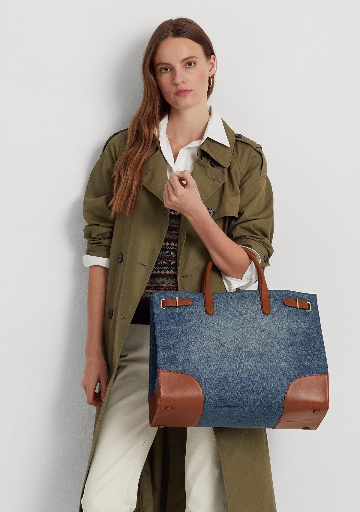 Leather Trim Denim Large Devyn Tote Bag