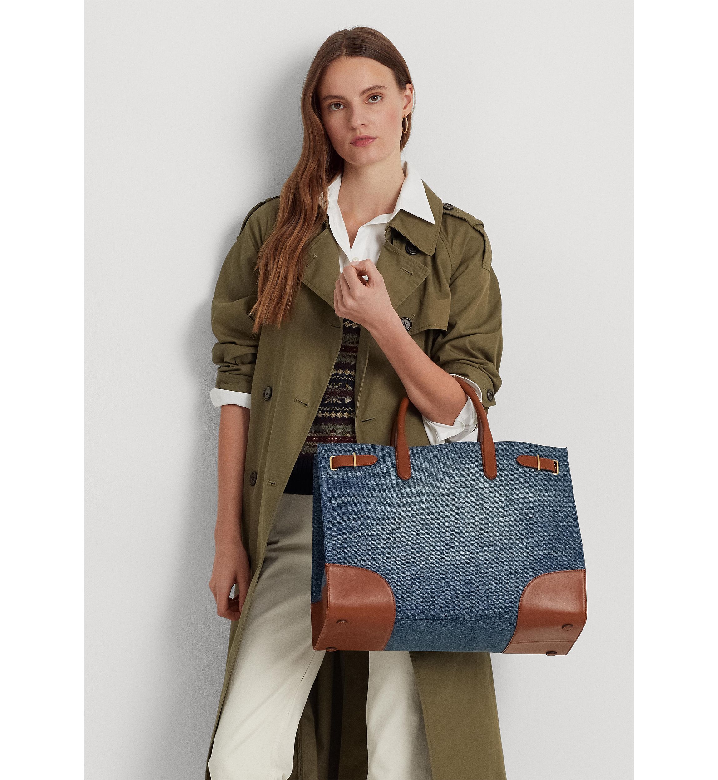 Lauren Ralph Lauren Leather Trim Denim Large Devyn Tote Bag | Belk
