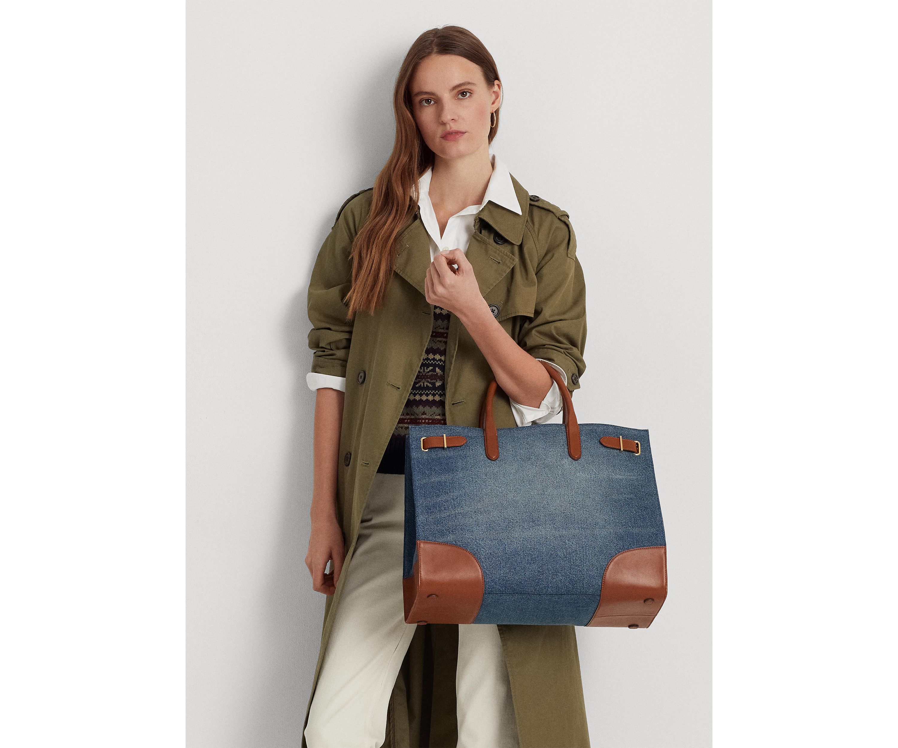 Leather Trim Denim Large Devyn Tote Bag