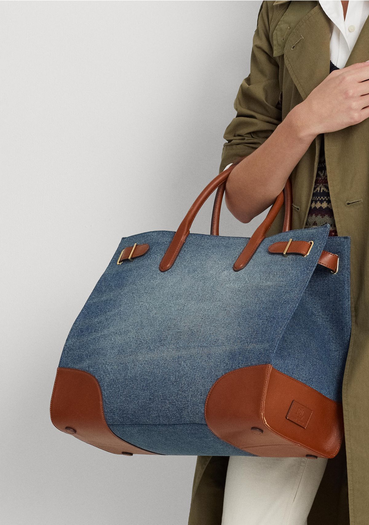 Leather Trim Denim Large Devyn Tote Bag