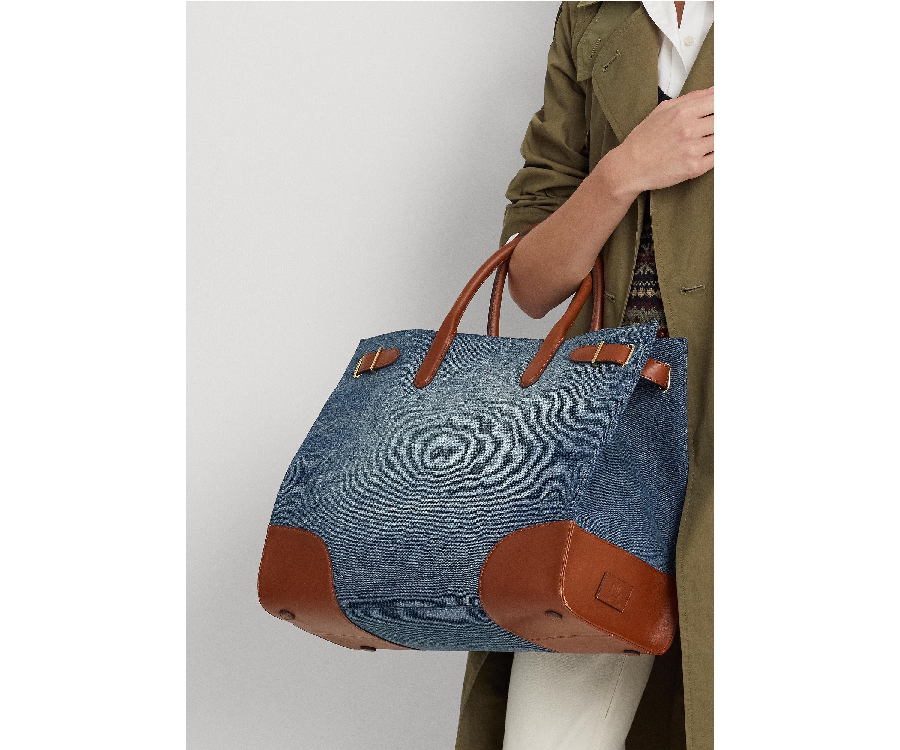 Leather Trim Denim Large Devyn Tote Bag