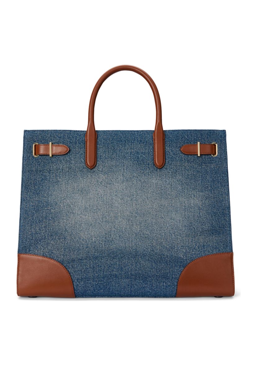 Leather Trim Denim Large Devyn Tote Bag