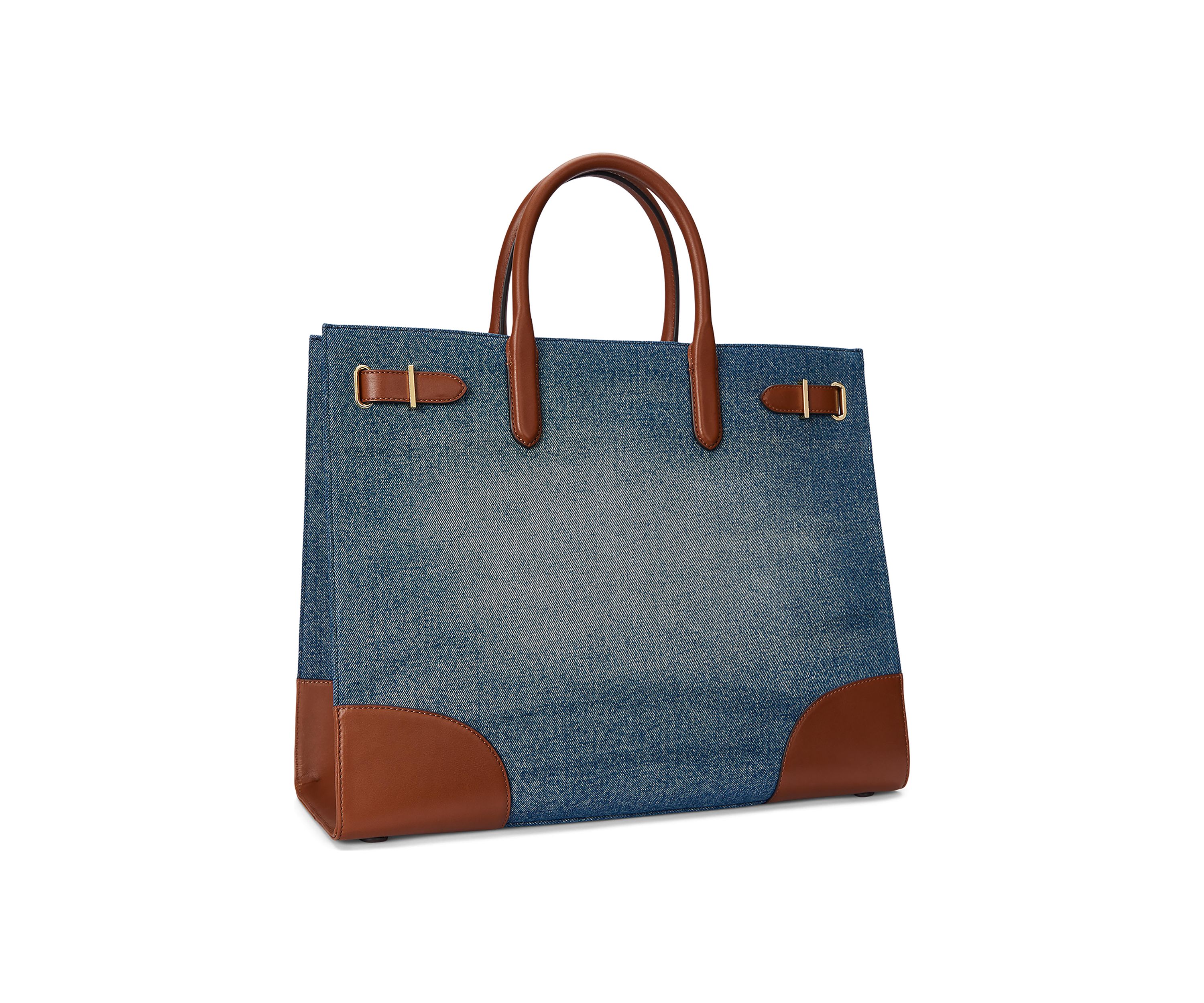 Leather Trim Denim Large Devyn Tote Bag