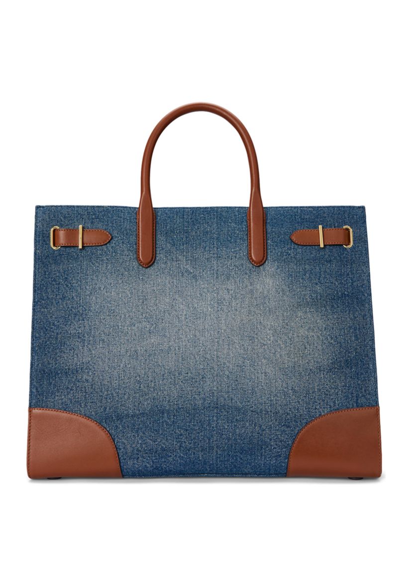 Leather Trim Denim Large Devyn Tote Bag