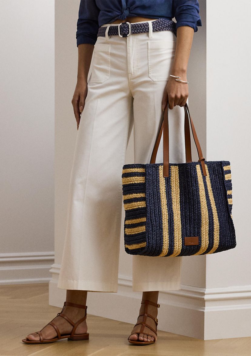 Striped Woven Straw Large Wilow Tote Bag