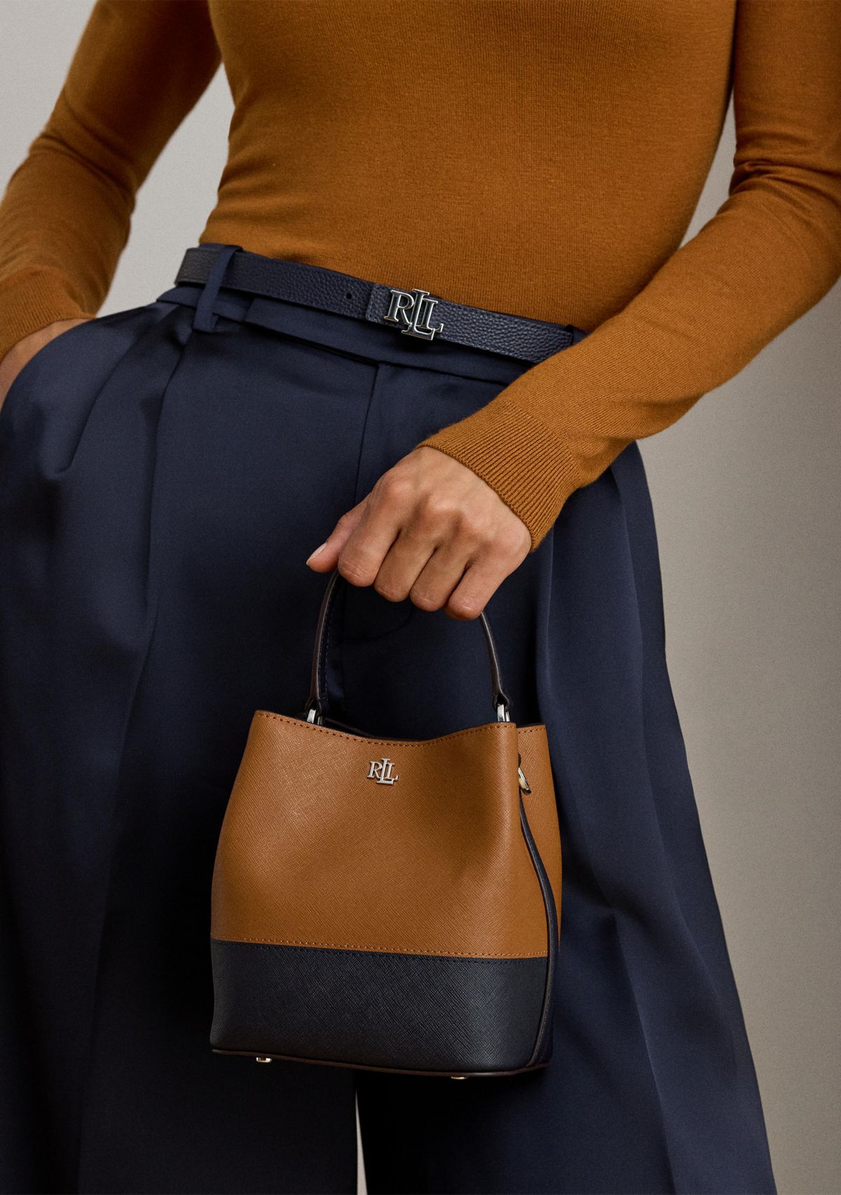 Two-Tone Leather Small Reese Bucket Bag