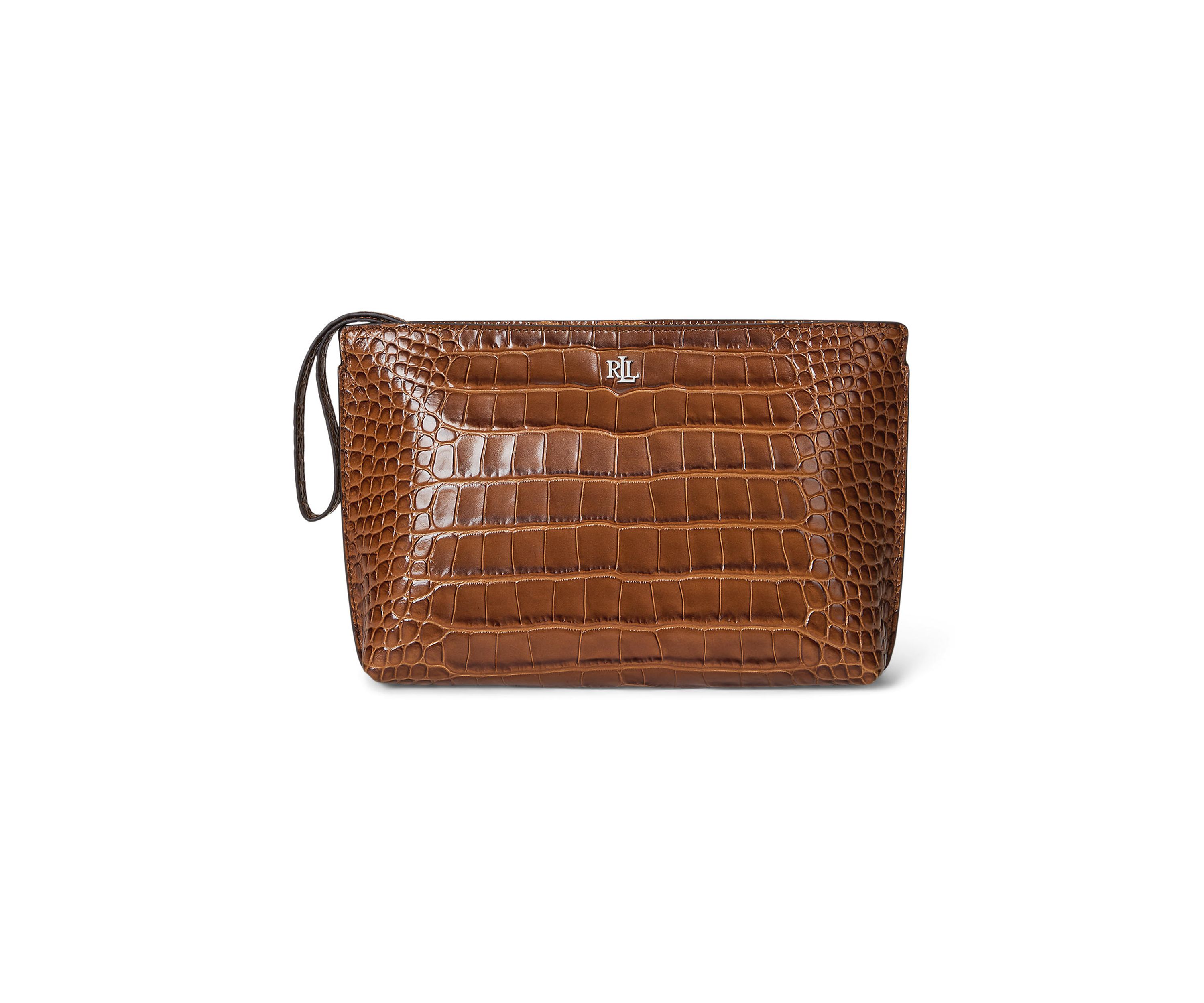 Crocodile-Embossed Leather Large Pouch