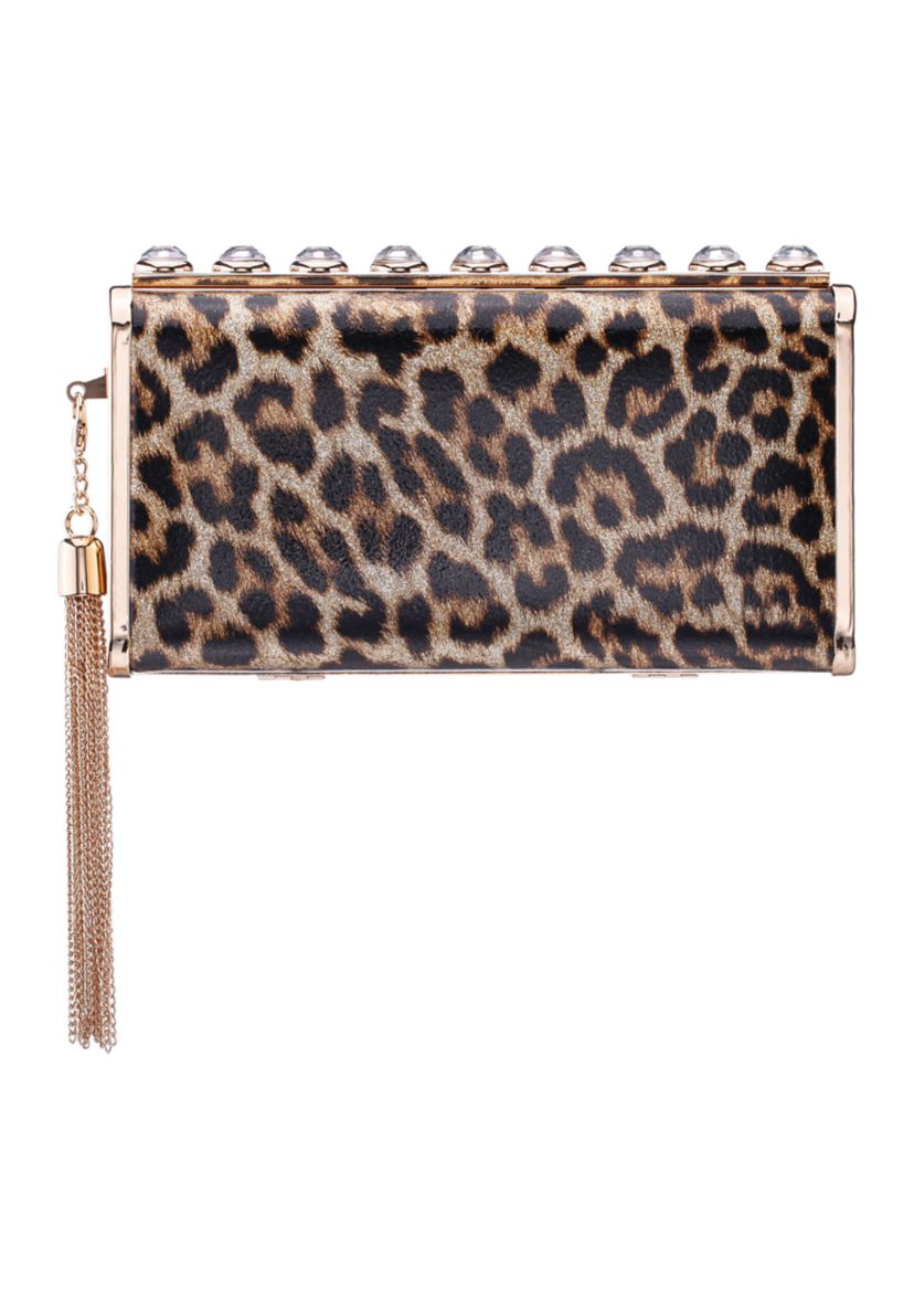 Animal Print Crystal Ornamented Minaudiere with Tassel 