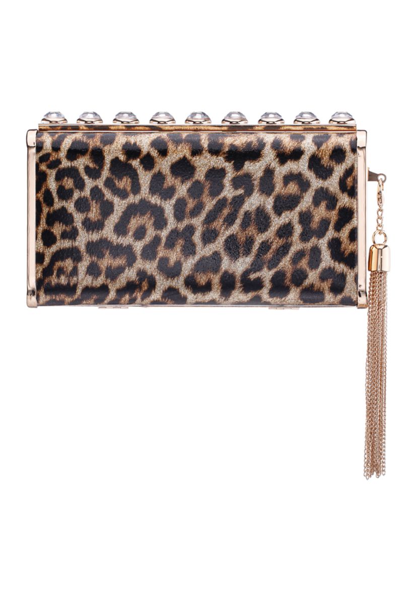 Animal Print Crystal Ornamented Minaudiere with Tassel 