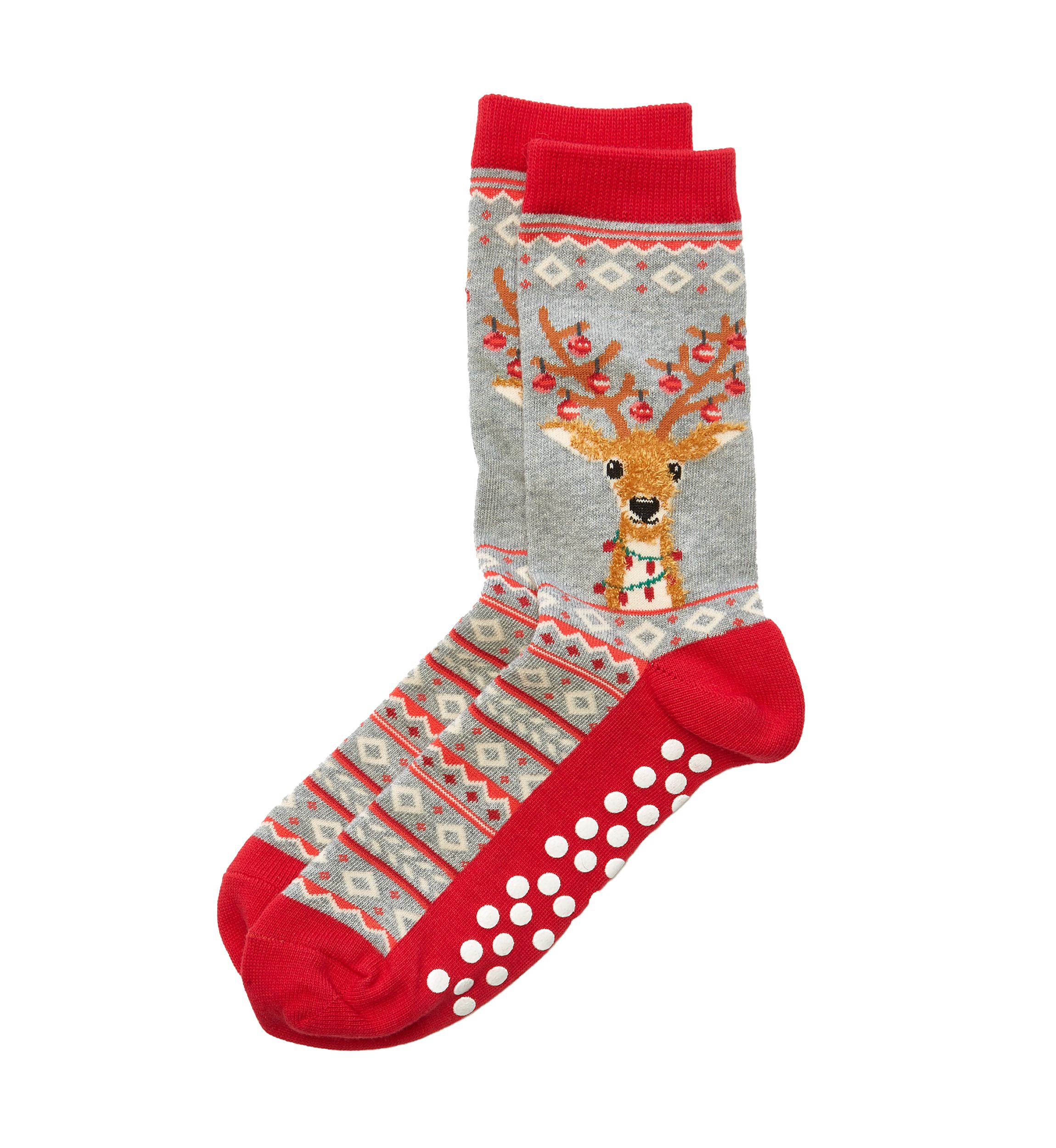 Womens Fuzzy Reindeer Non Skid Crew Socks 