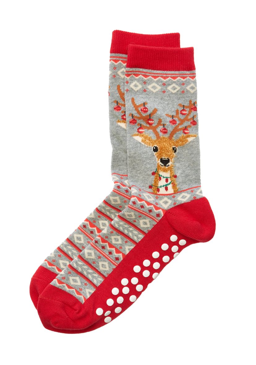 Womens Fuzzy Reindeer Non Skid Crew Socks 