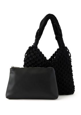 BCBG Generation Crochet Tote Bag with Pouch, Black