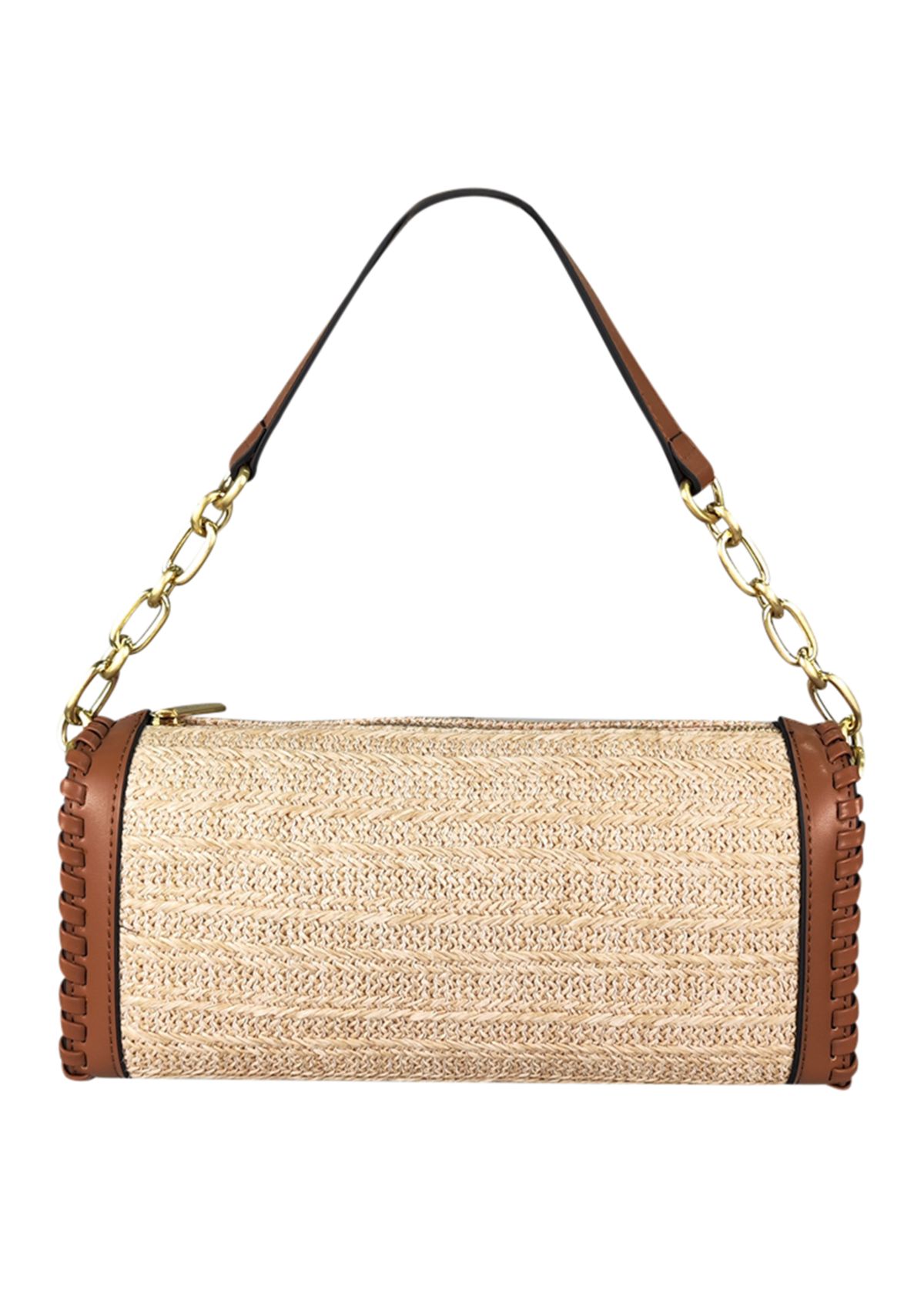 Straw Barrel Bag with Whipstitched Trims