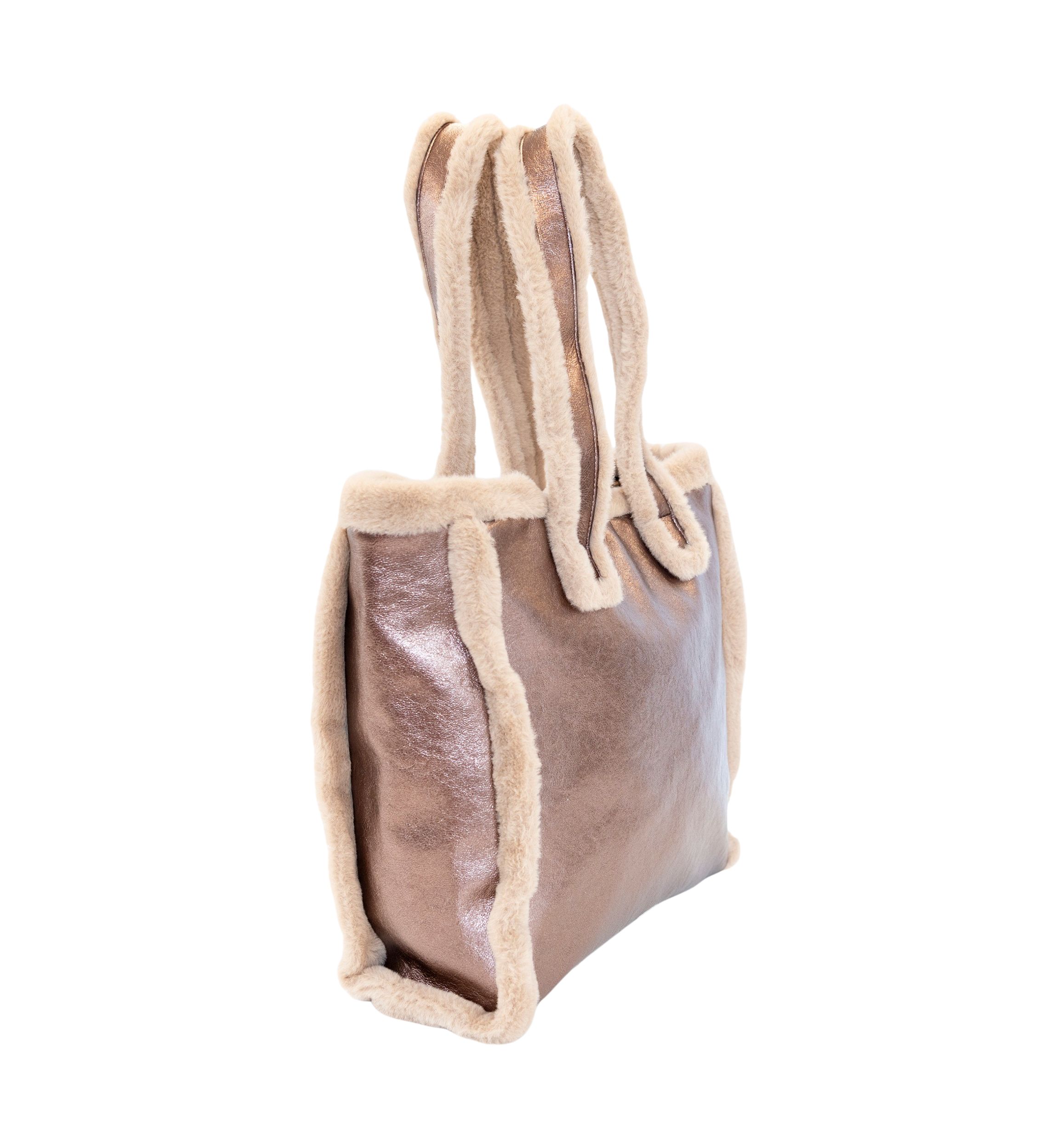Metallic Tote with Sherpa Fur Trim