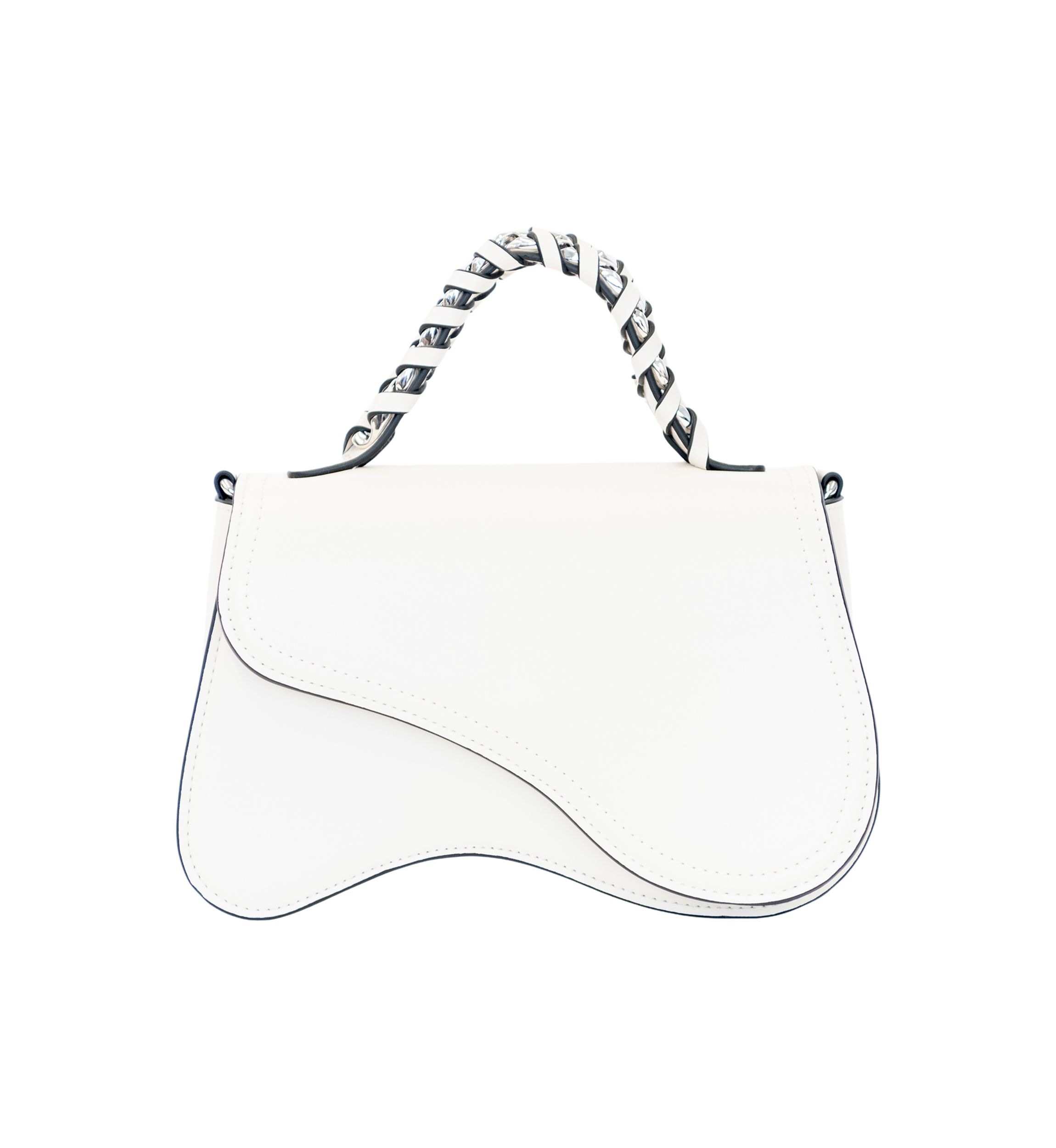 Asymmetrical Flap Woven Chain Top Handle Crossbody 