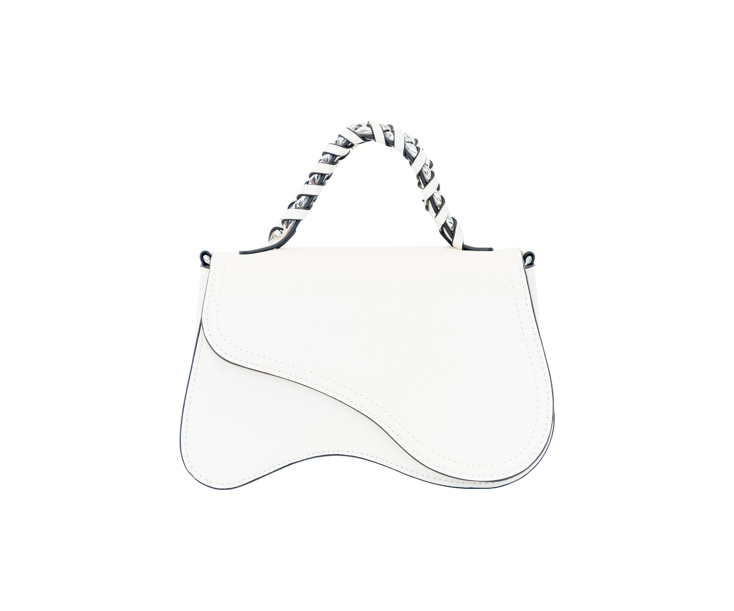 Asymmetrical Flap Woven Chain Top Handle Crossbody 