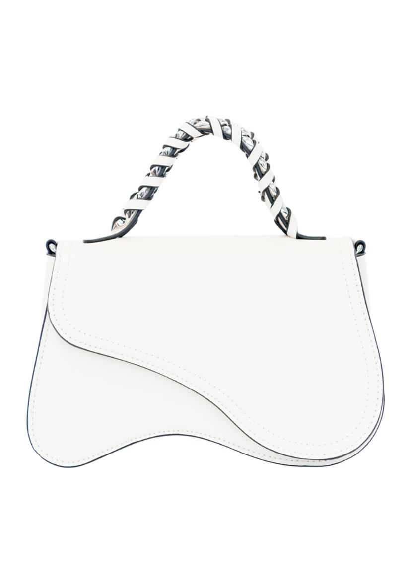 Asymmetrical Flap Woven Chain Top Handle Crossbody 