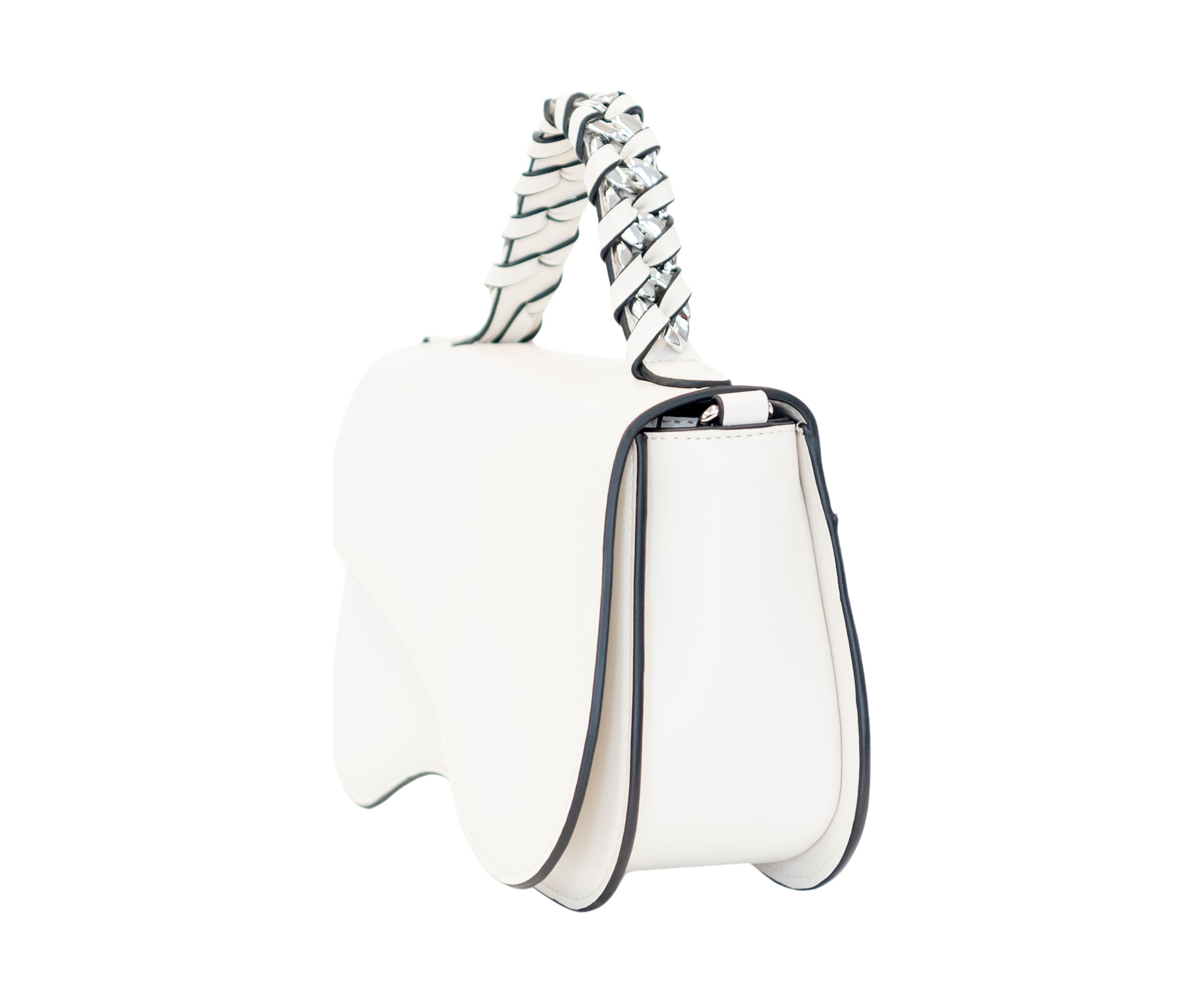 Asymmetrical Flap Woven Chain Top Handle Crossbody 