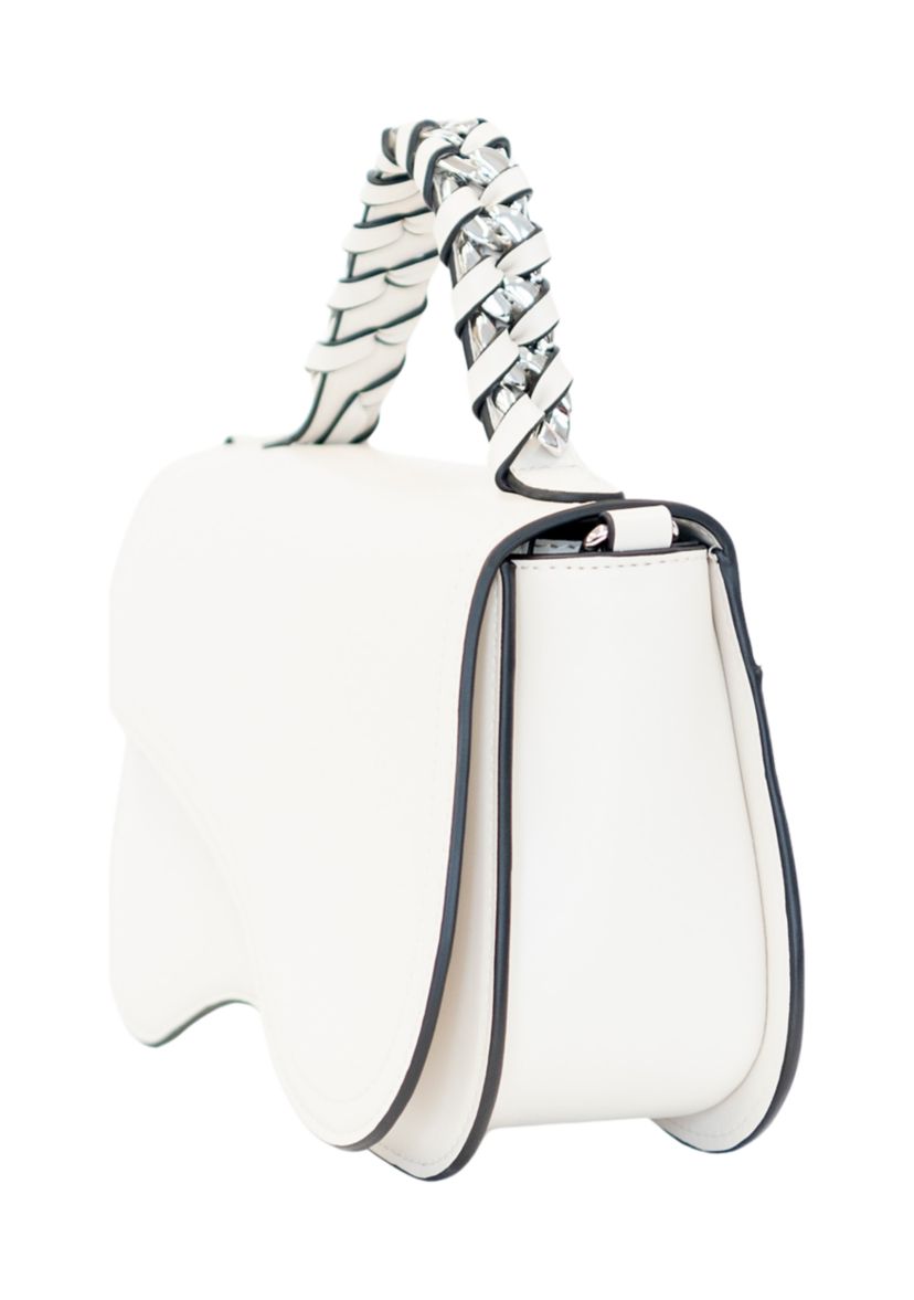 Asymmetrical Flap Woven Chain Top Handle Crossbody 