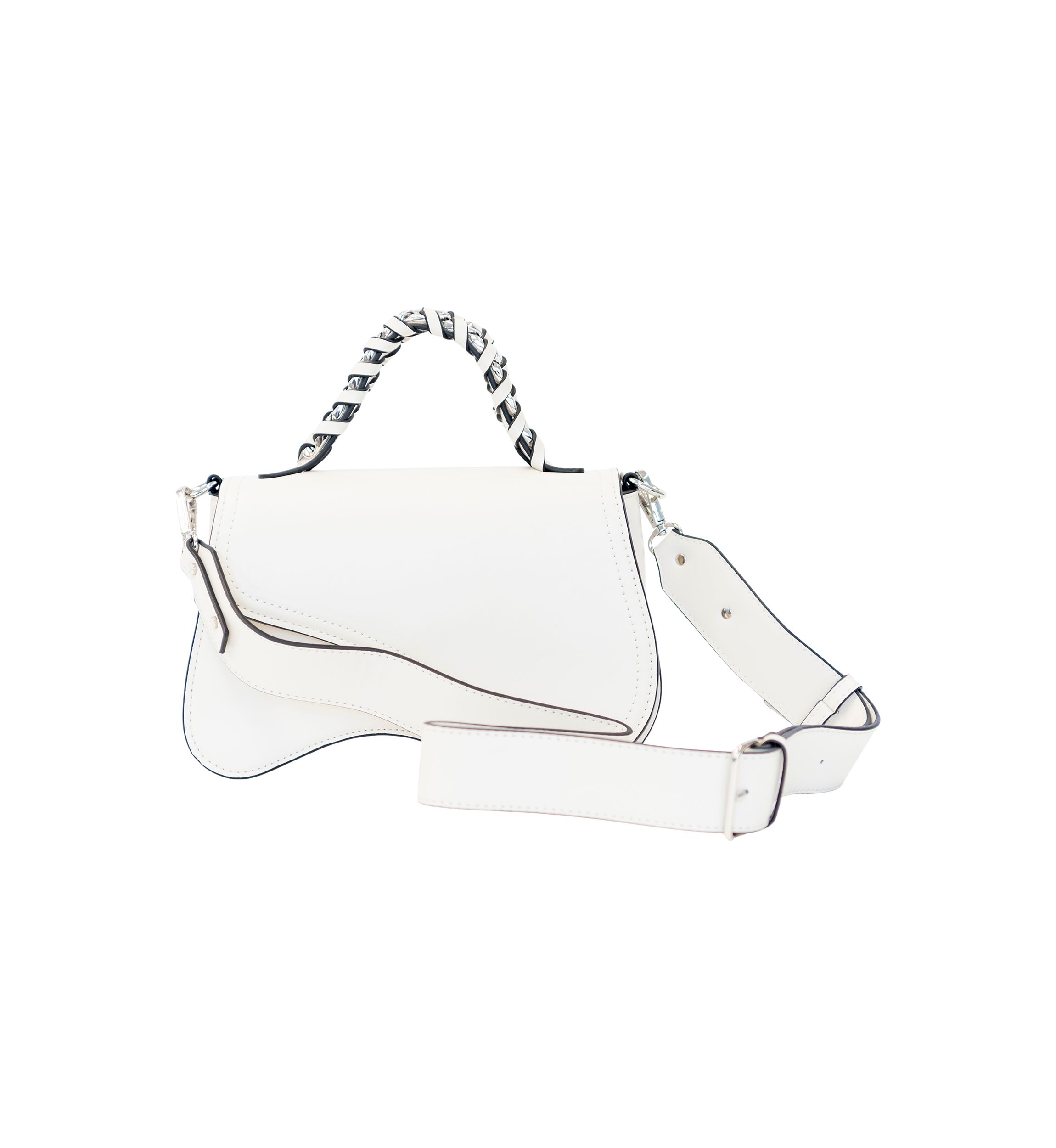Asymmetrical Flap Woven Chain Top Handle Crossbody 