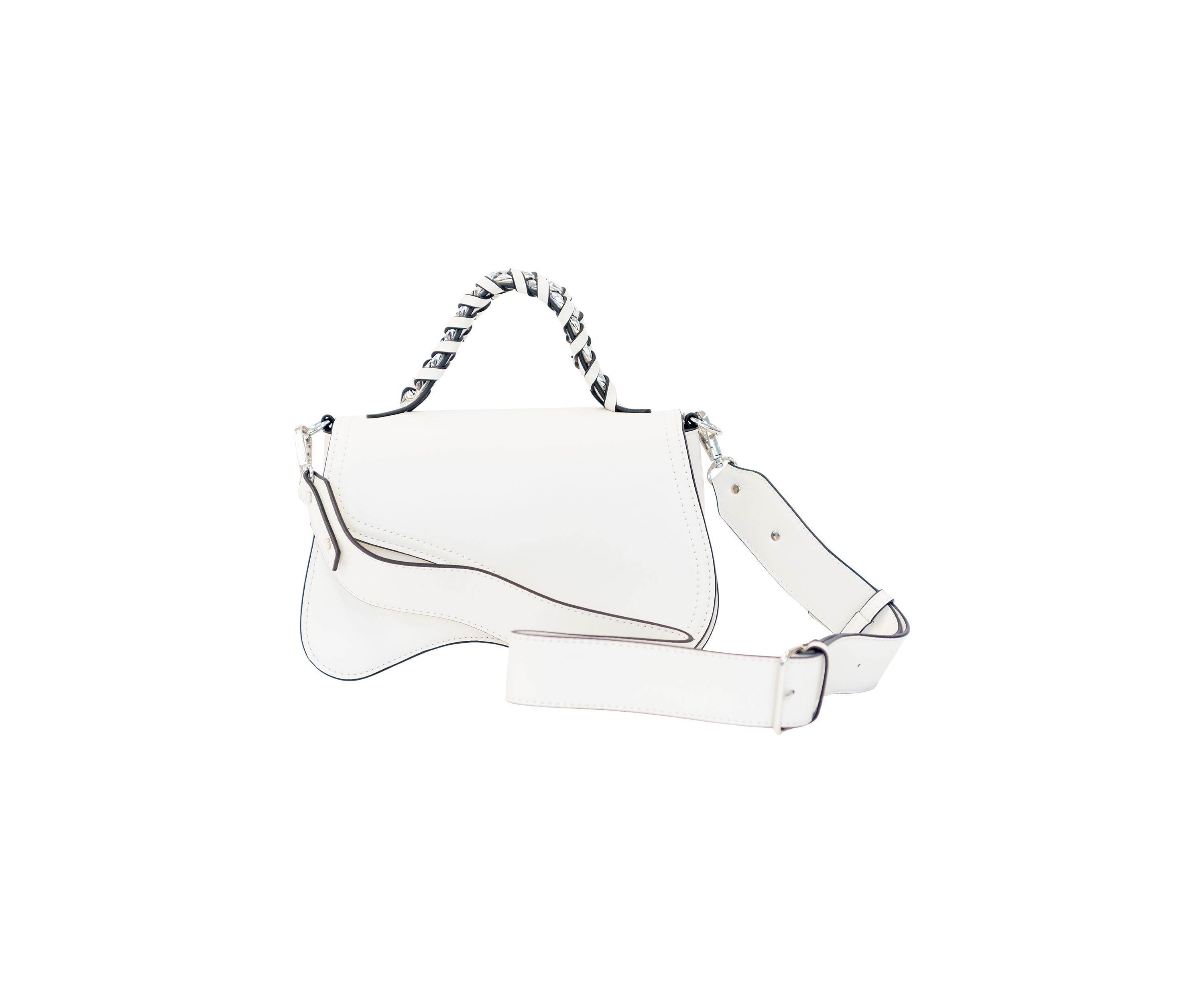Asymmetrical Flap Woven Chain Top Handle Crossbody 