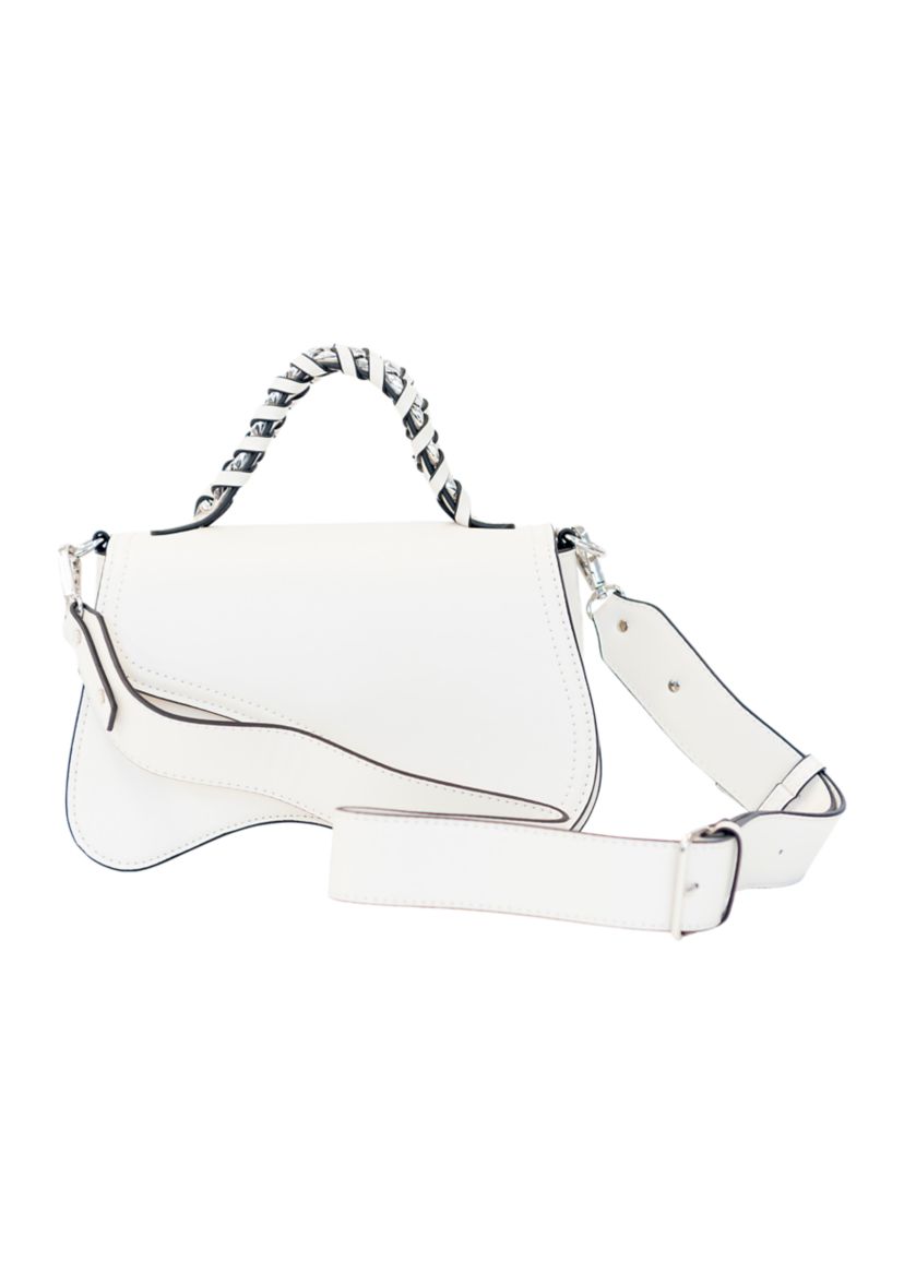 Asymmetrical Flap Woven Chain Top Handle Crossbody 