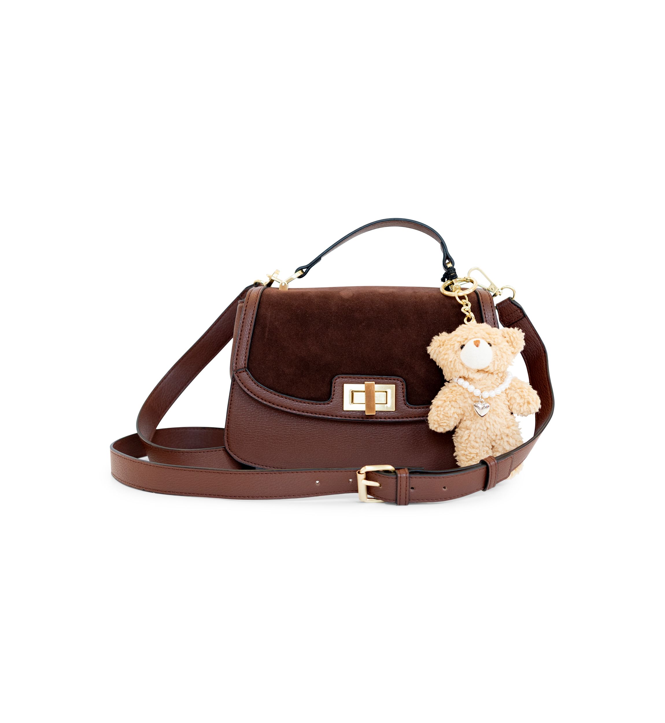 Turnlock Flap Top Handle Sued Crossbody with Charm