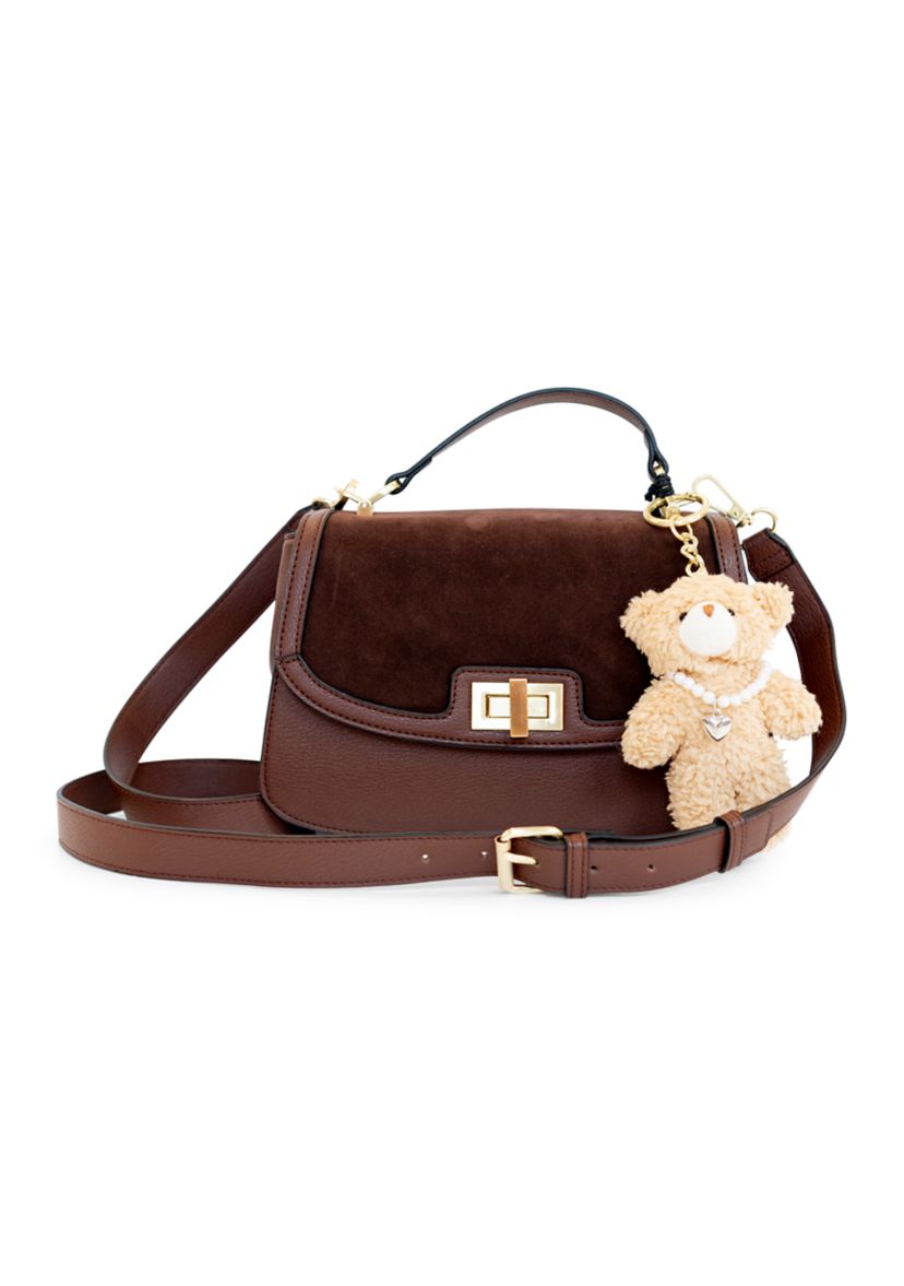 Turnlock Flap Top Handle Sued Crossbody with Charm