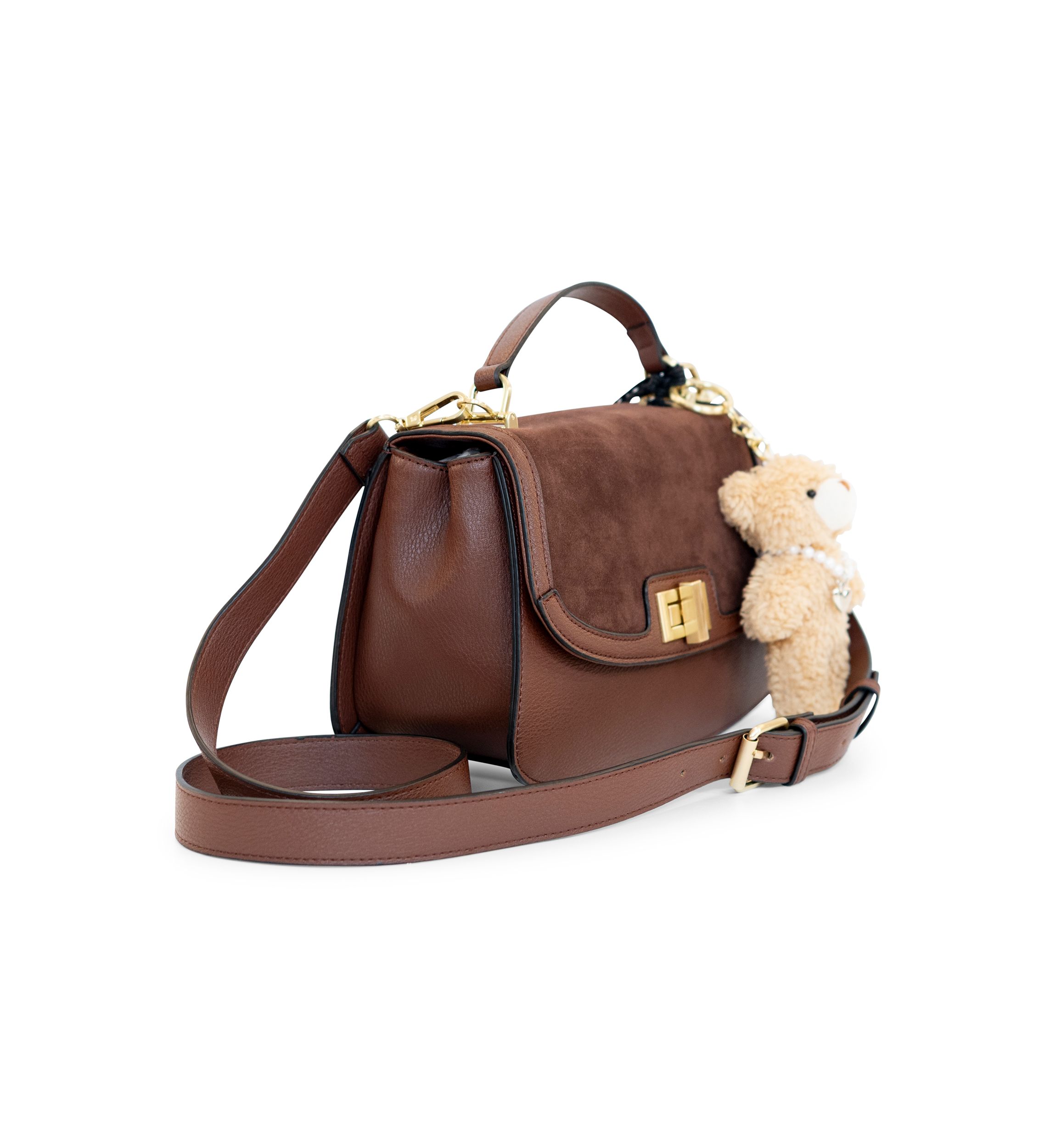 Turnlock Flap Top Handle Sued Crossbody with Charm