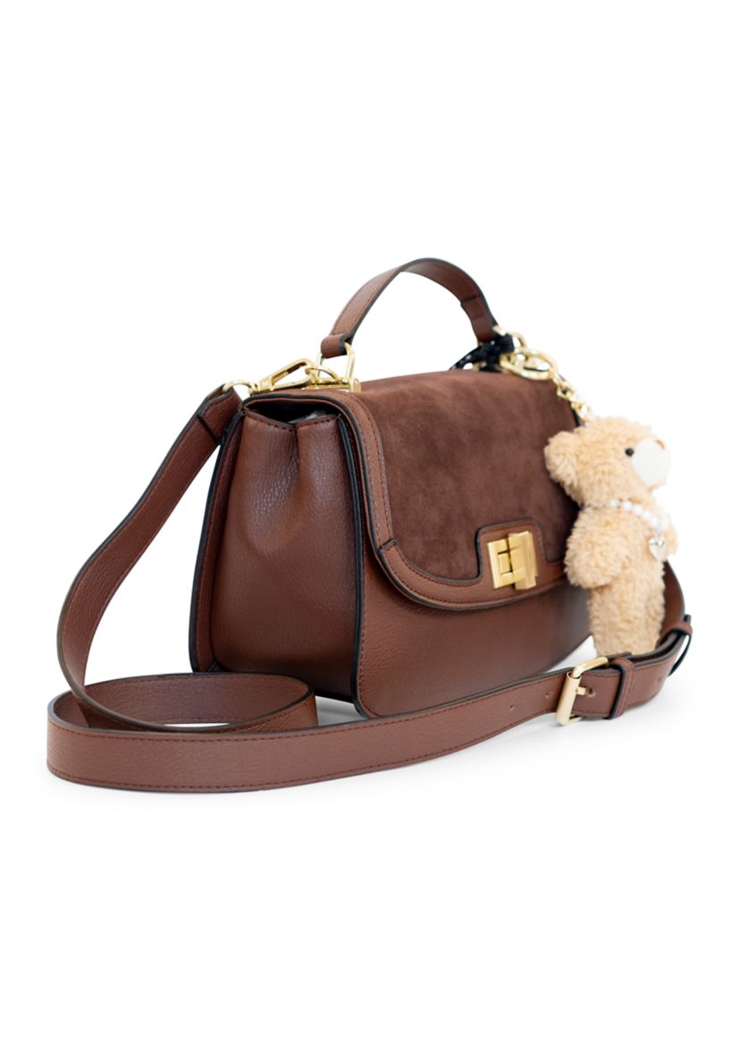 Turnlock Flap Top Handle Sued Crossbody with Charm