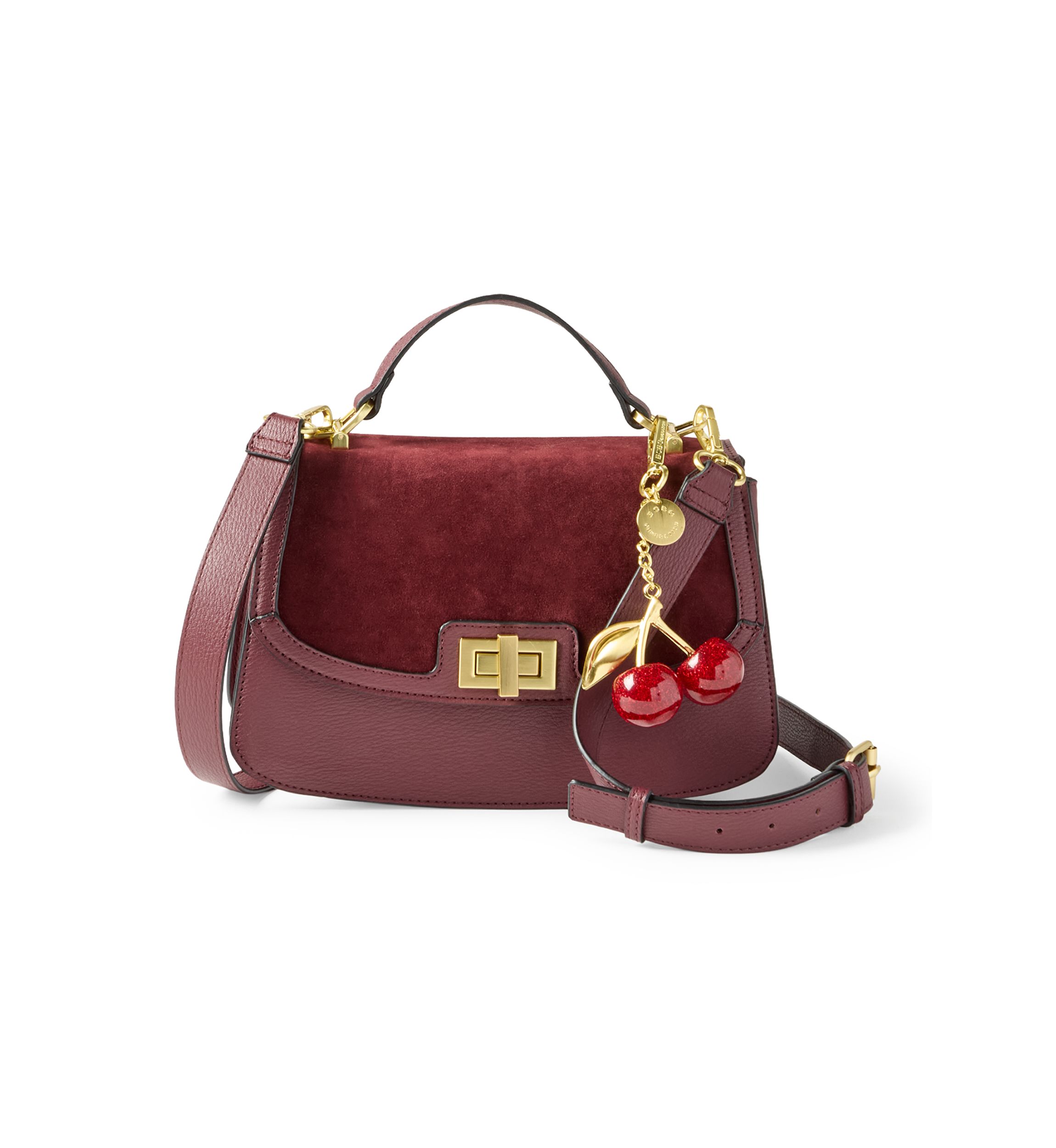 Turnlock Flap Top Handle Sueded Crossbody with Charm