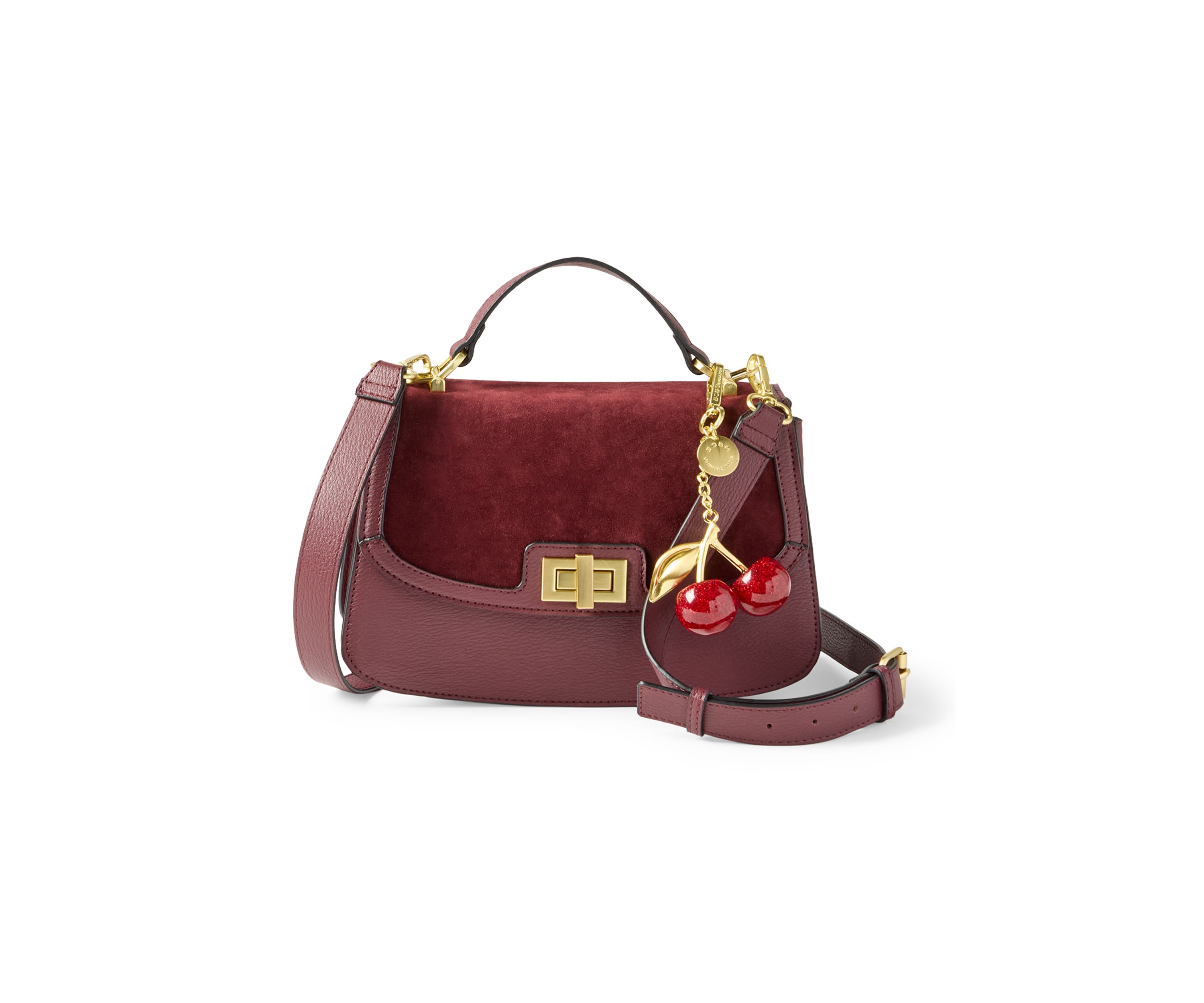 Turnlock Flap Top Handle Sueded Crossbody with Charm