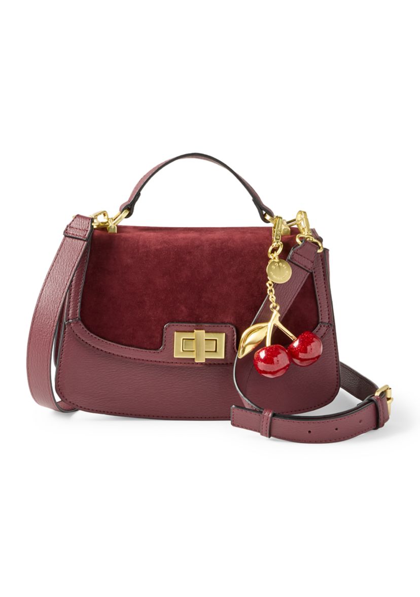 Turnlock Flap Top Handle Sueded Crossbody with Charm