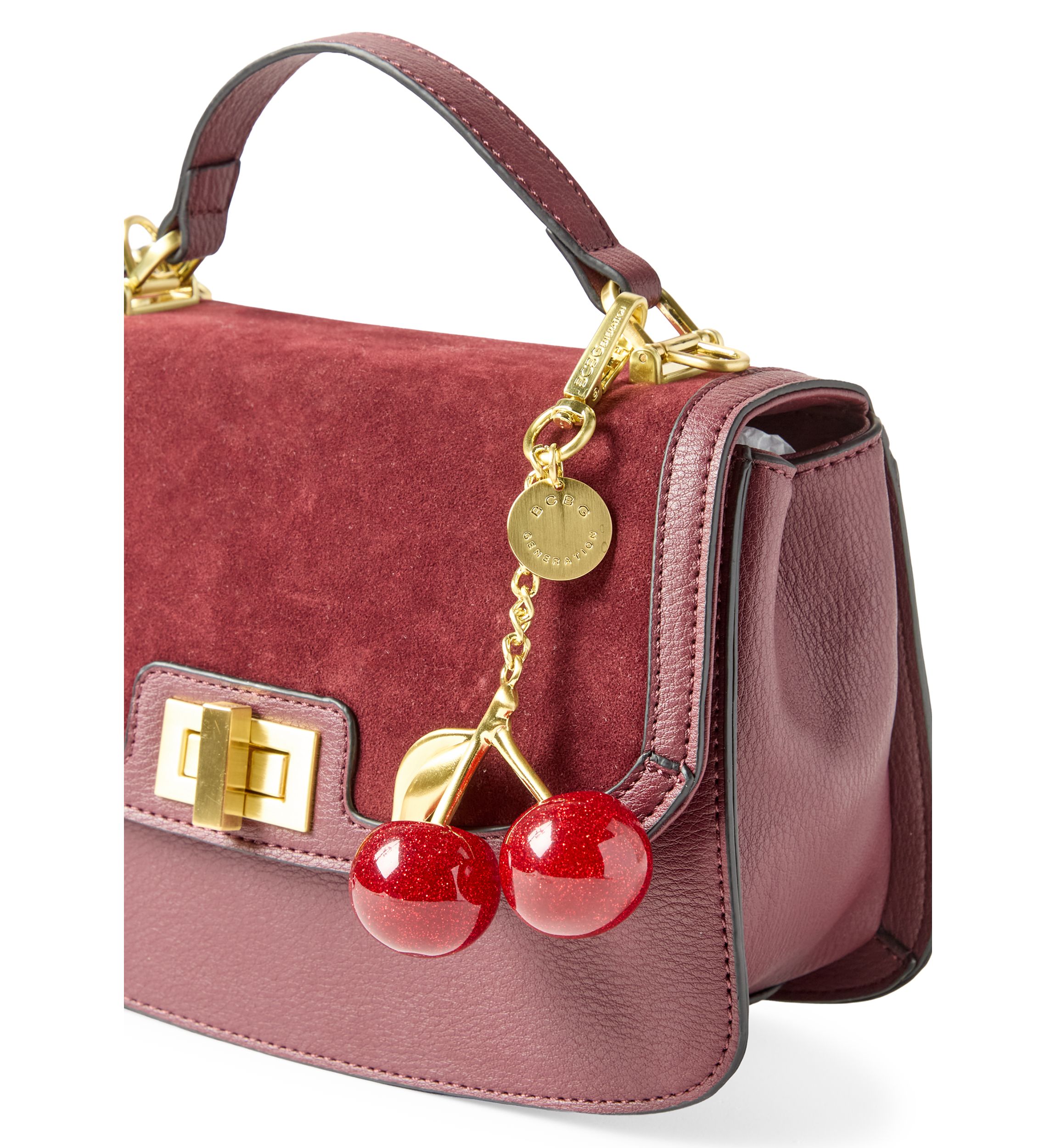 Turnlock Flap Top Handle Sueded Crossbody with Charm