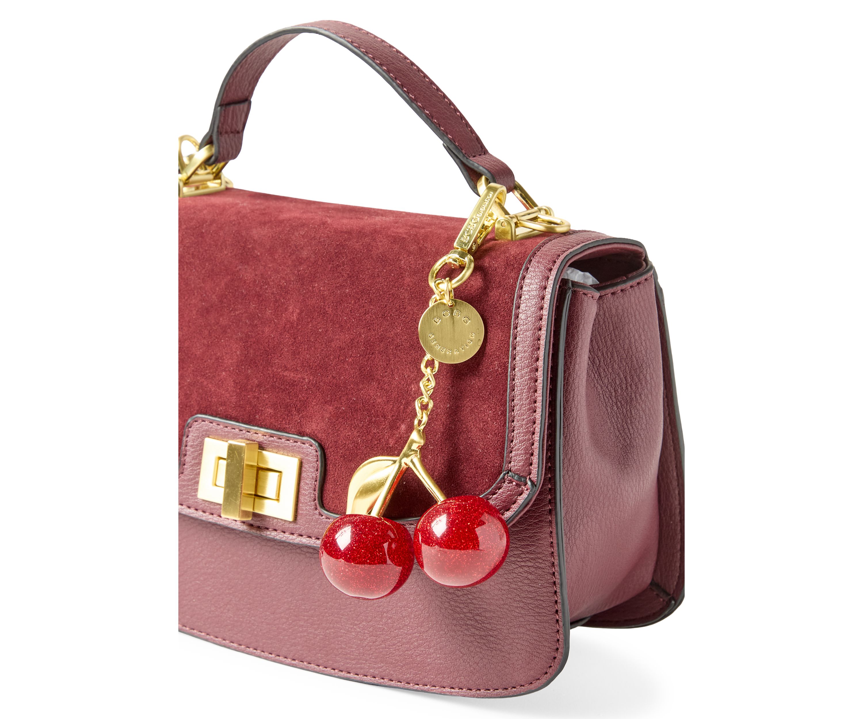 Turnlock Flap Top Handle Sueded Crossbody with Charm