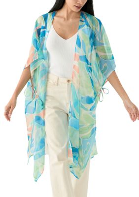 BCBG Generation Women's Washy Leaf Printed Lurex Duster, Blue