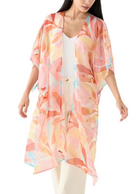 BCBG Generation Women's Washy Leaf Printed Lurex Duster, Orange