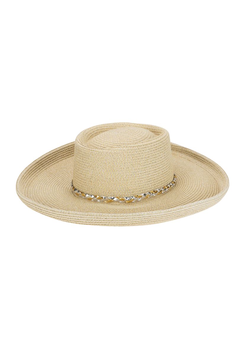 Womens Turned Brim Gambler Hat with Metallic Band