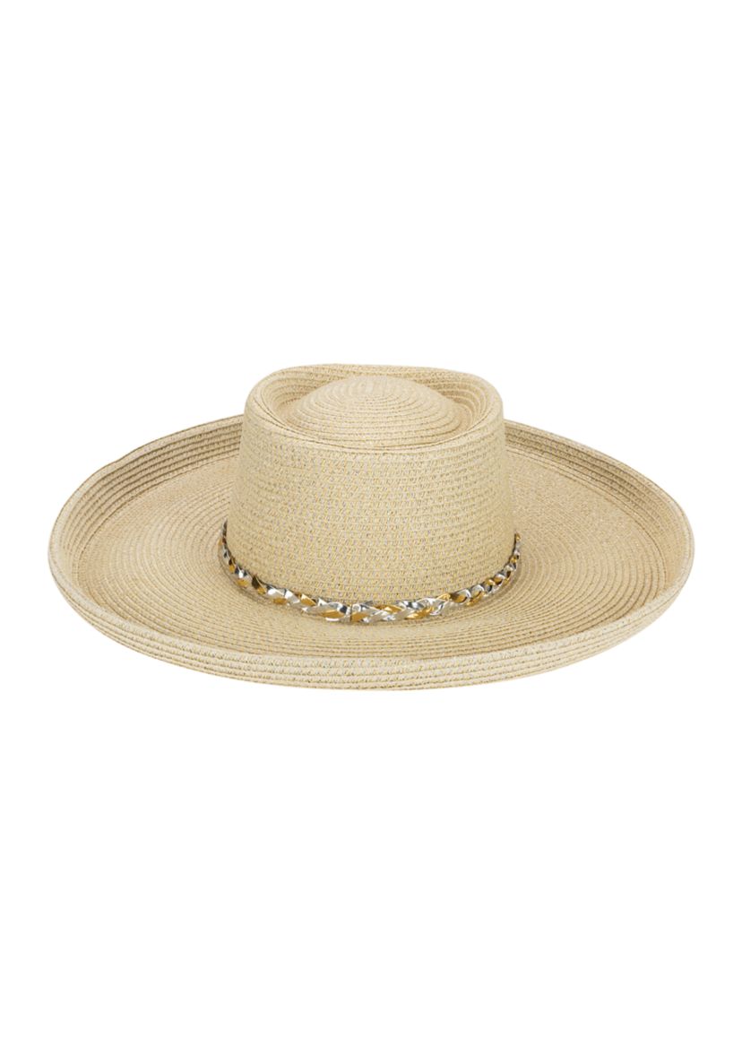 Womens Turned Brim Gambler Hat with Metallic Band