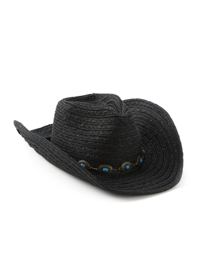Womens Pinch Crown Paperbraid Cowboy Hat with Antique Brass Concho Band
