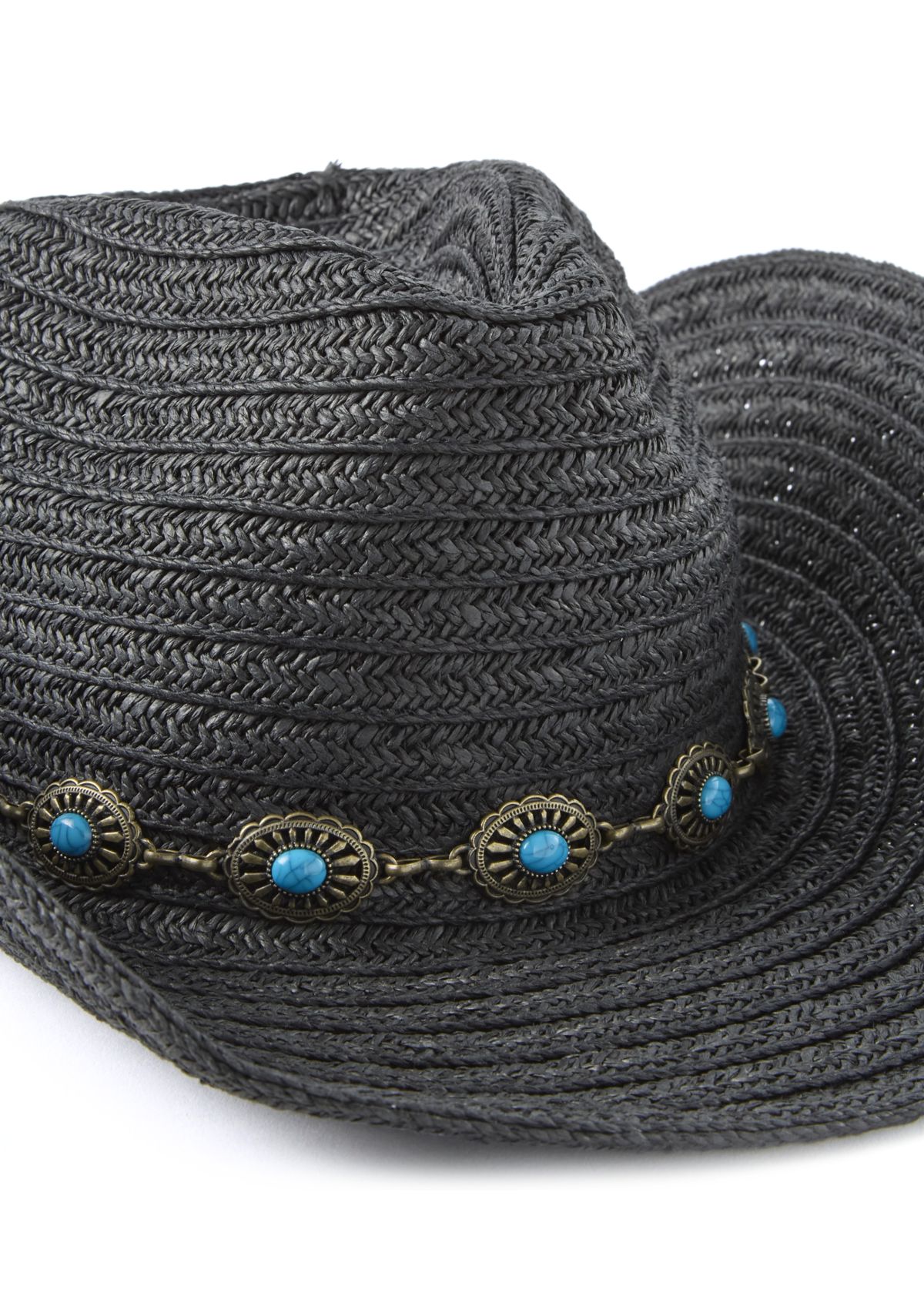 Womens Pinch Crown Paperbraid Cowboy Hat with Antique Brass Concho Band