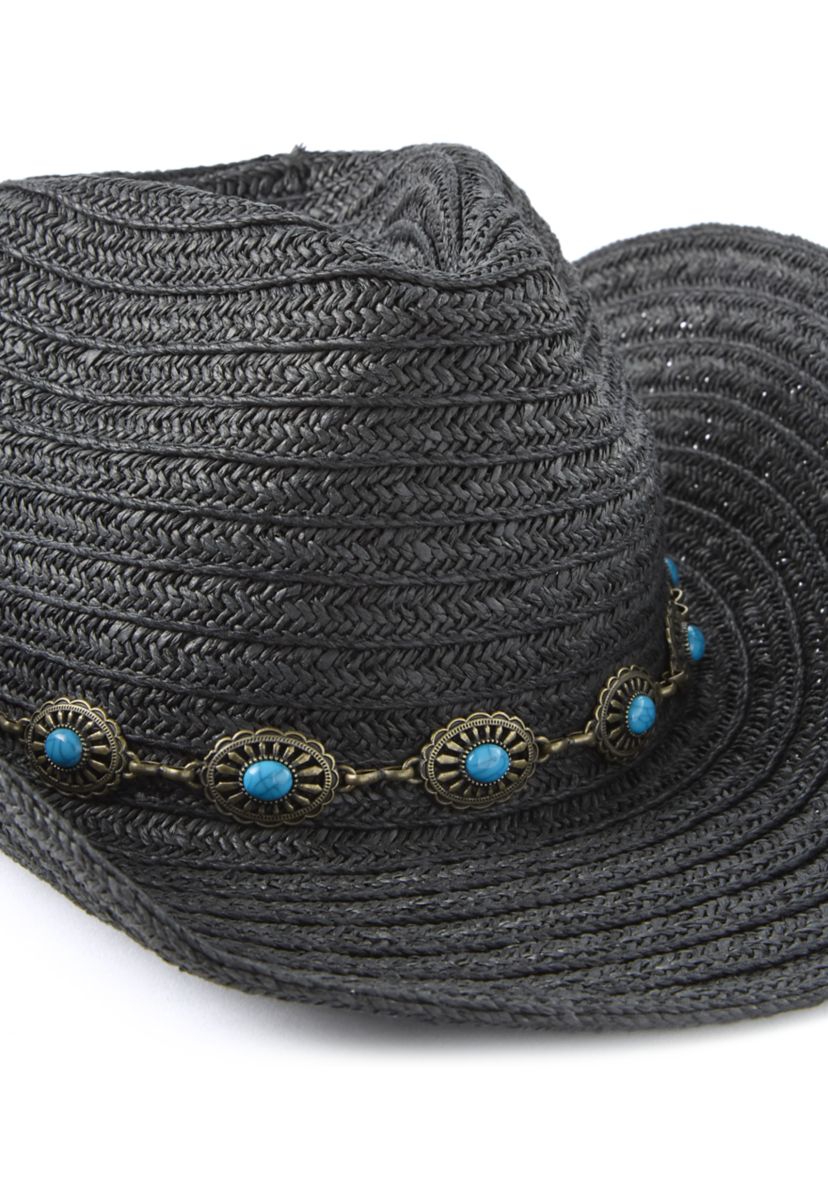 Womens Pinch Crown Paperbraid Cowboy Hat with Antique Brass Concho Band