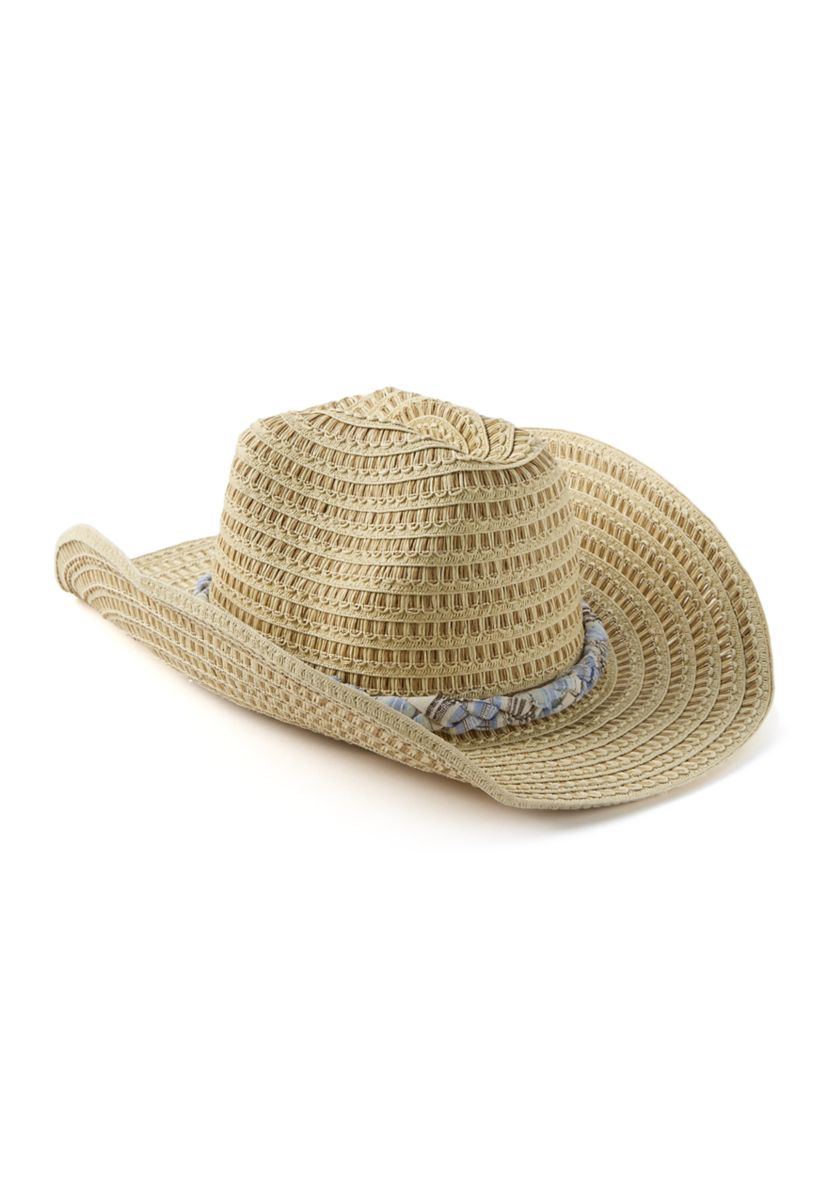 Women’s Looped Crochet Paper Straw Cowboy Hat with Braided Band