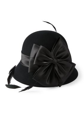 San Diego Hat Company Women's Wool Felt Bucket with Satin Bow and Feather Trim Details, Black