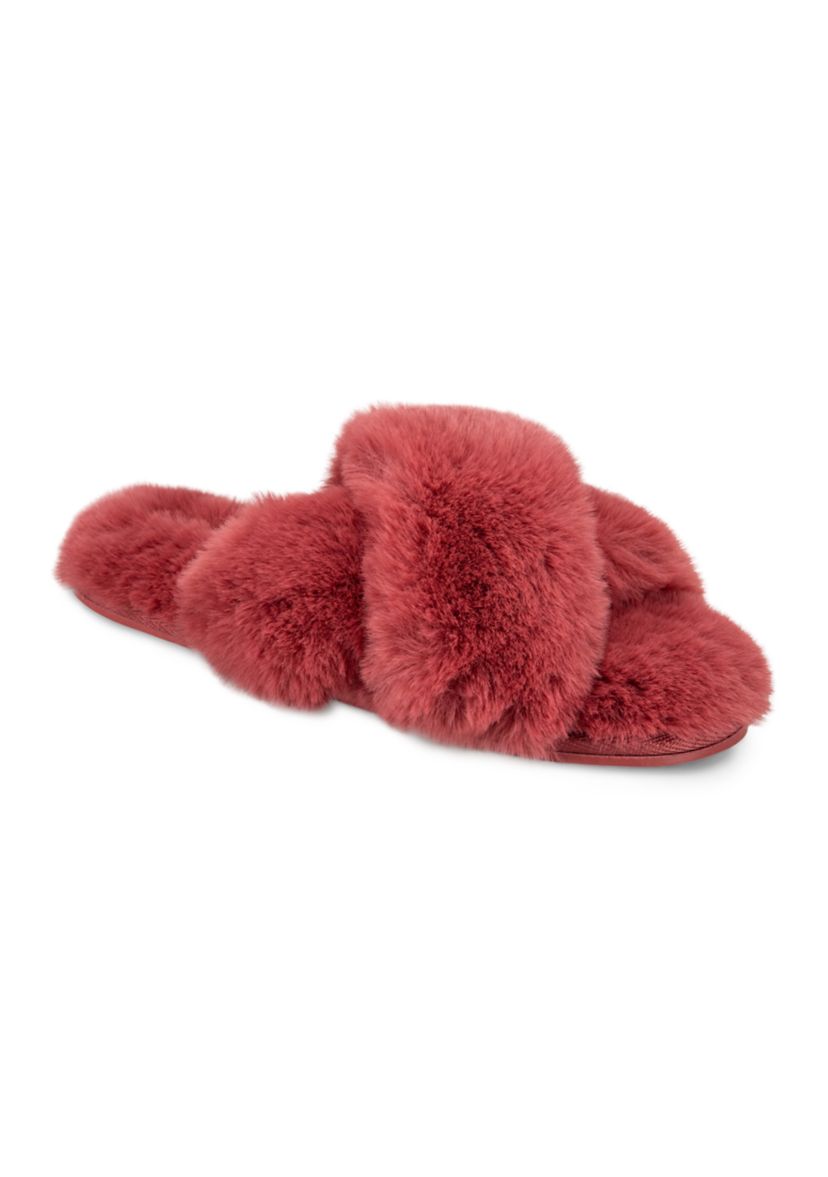 Womens High Plush Cross Slide Slippers